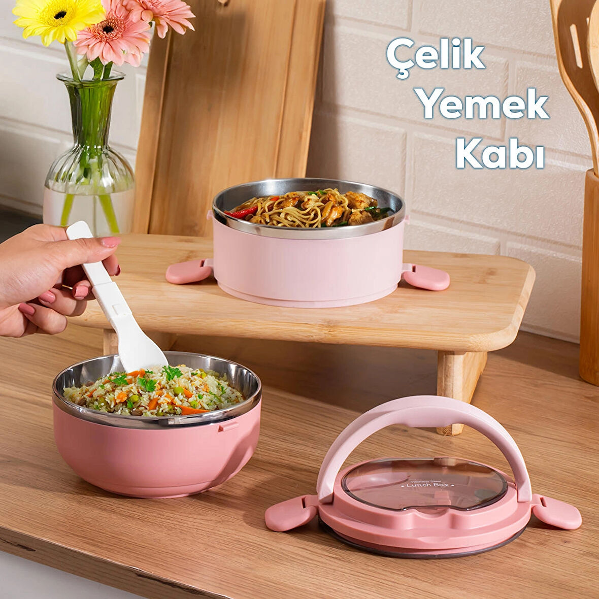 Porsima 66732-1 Stainless Steel Vakumlu Lunch Box İki Katlı Paslanmaz Çelik Kolay Kilitlenir Kendinden Kaşıklı Sefer Tası – 1000ml Pembe