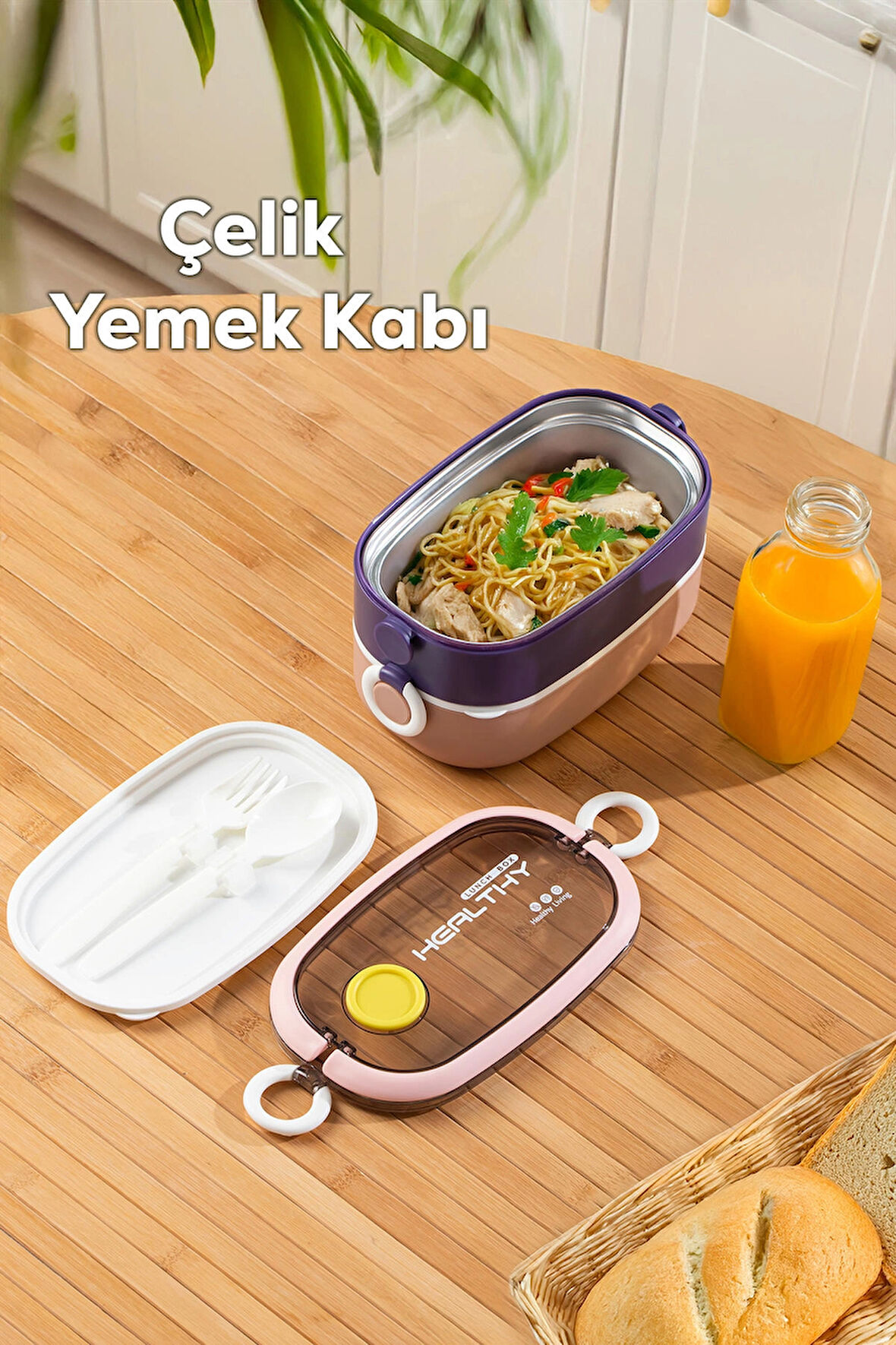 Porsima 66729-1 Stainless Steel Vakumlu Lunch Box İki Katlı Paslanmaz Çelik Kolay Kilitlenir Kendinden Kaşıklı Sefer Tası – 1300ml Pembe-Lila