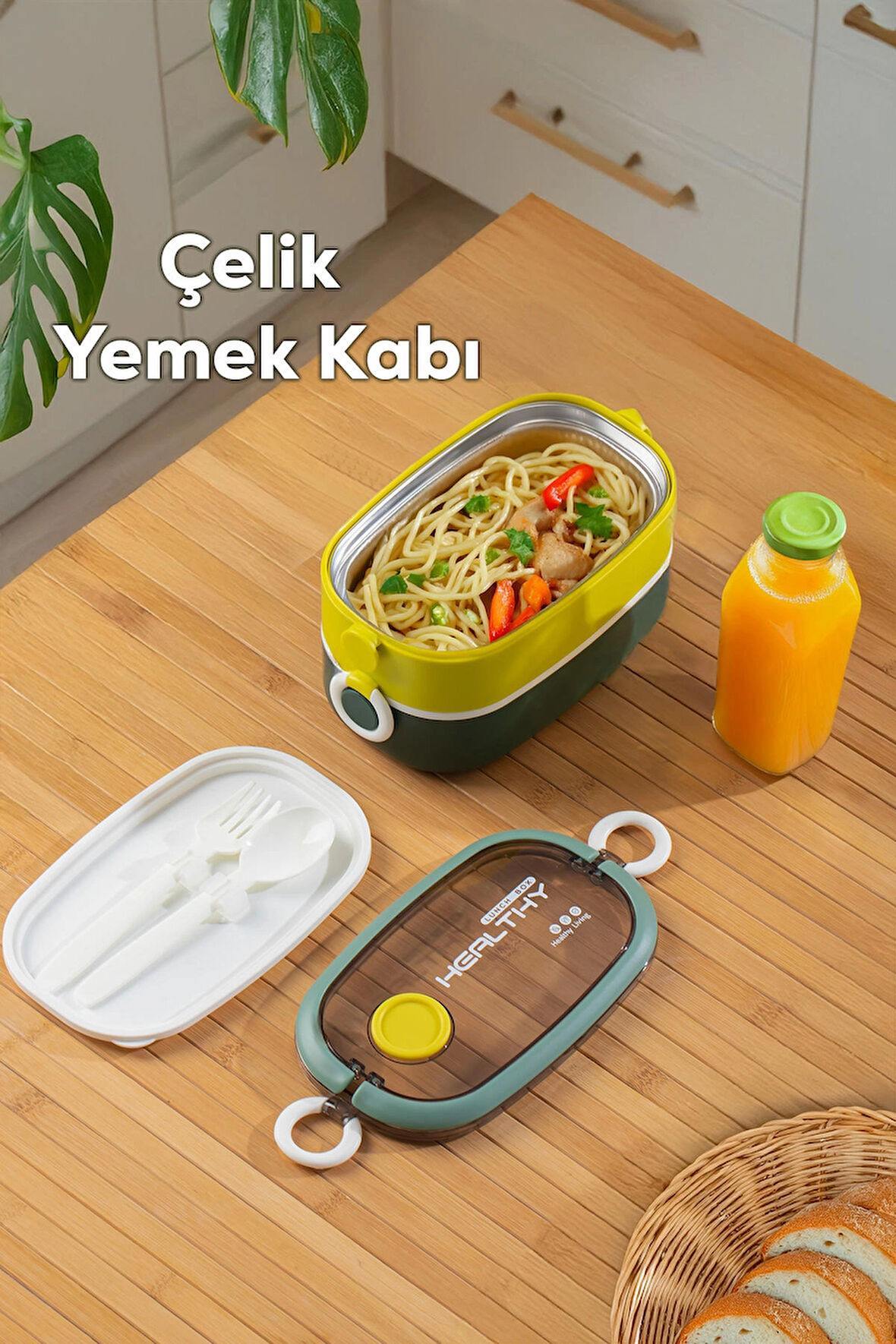 Porsima 66729-2 Stainless Steel Vakumlu Lunch Box İki Katlı Paslanmaz Çelik Kolay Kilitlenir Kendinden Kaşıklı Sefer Tası – 1300ml Yeşil-Sarı