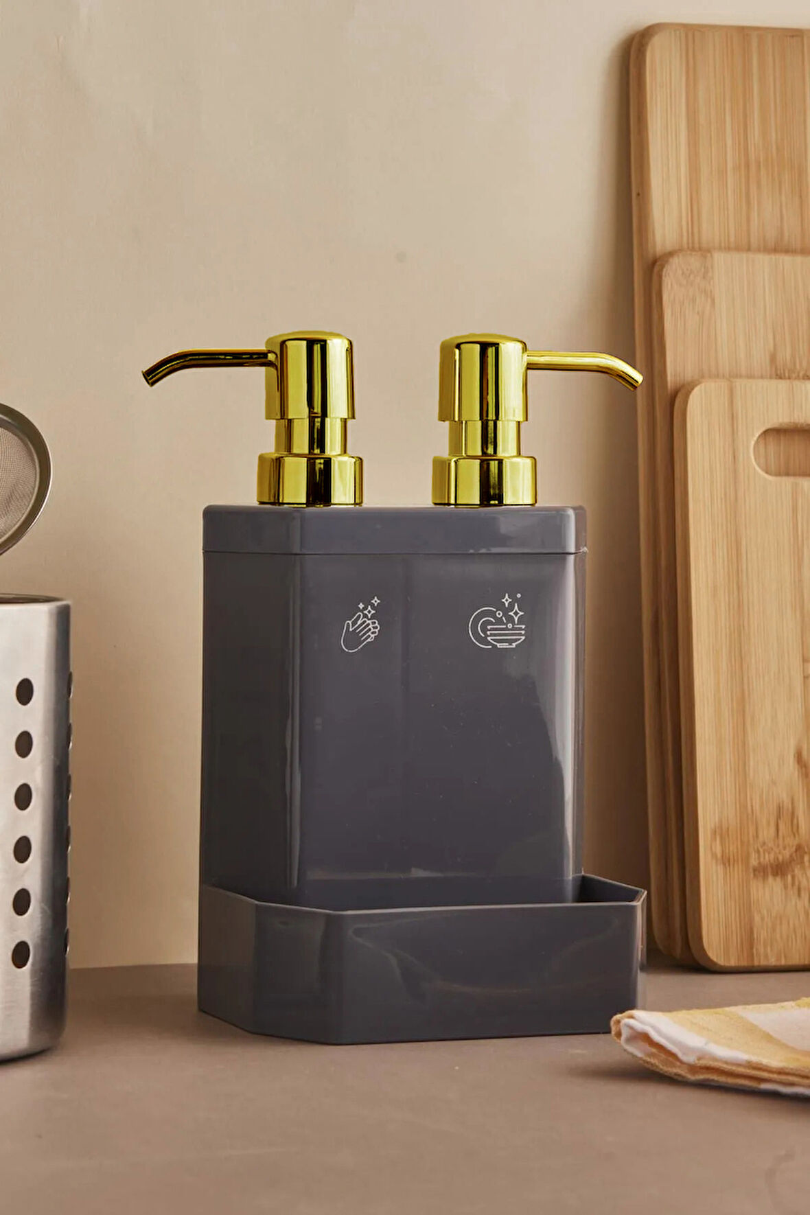 Perotti 13136-1 Marlon Lecce Gold Başlıklı 2li Süngerlik Hazneli Mutfak Sıvı Sabunluk Gri