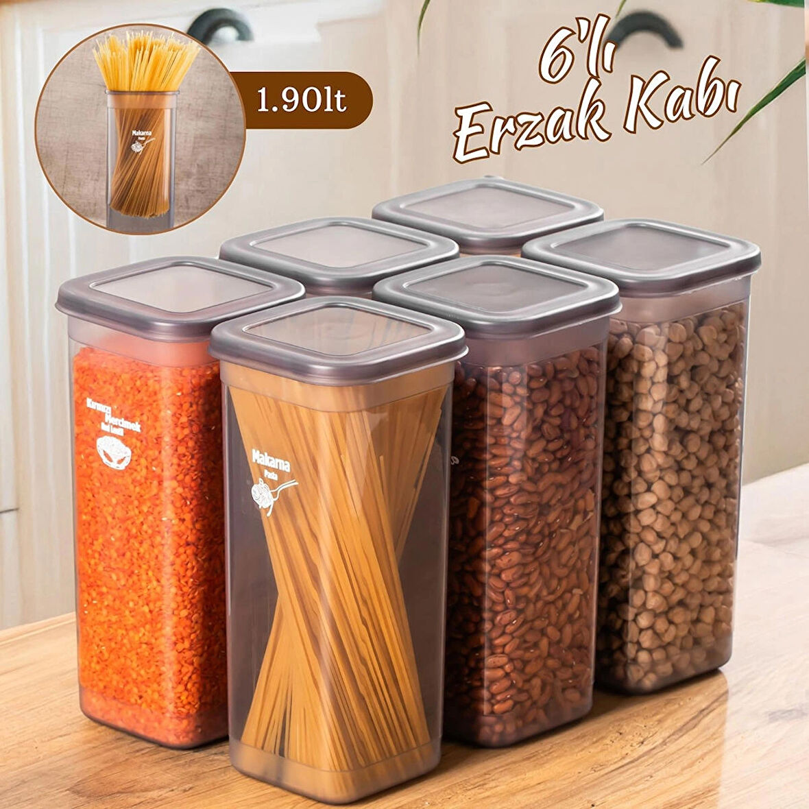 Porsima 432 GR 6lı Etiketli Kare Un Erzak Bakliyat Saklama Kabı Takımı Seti 1.90 Lt - Gri