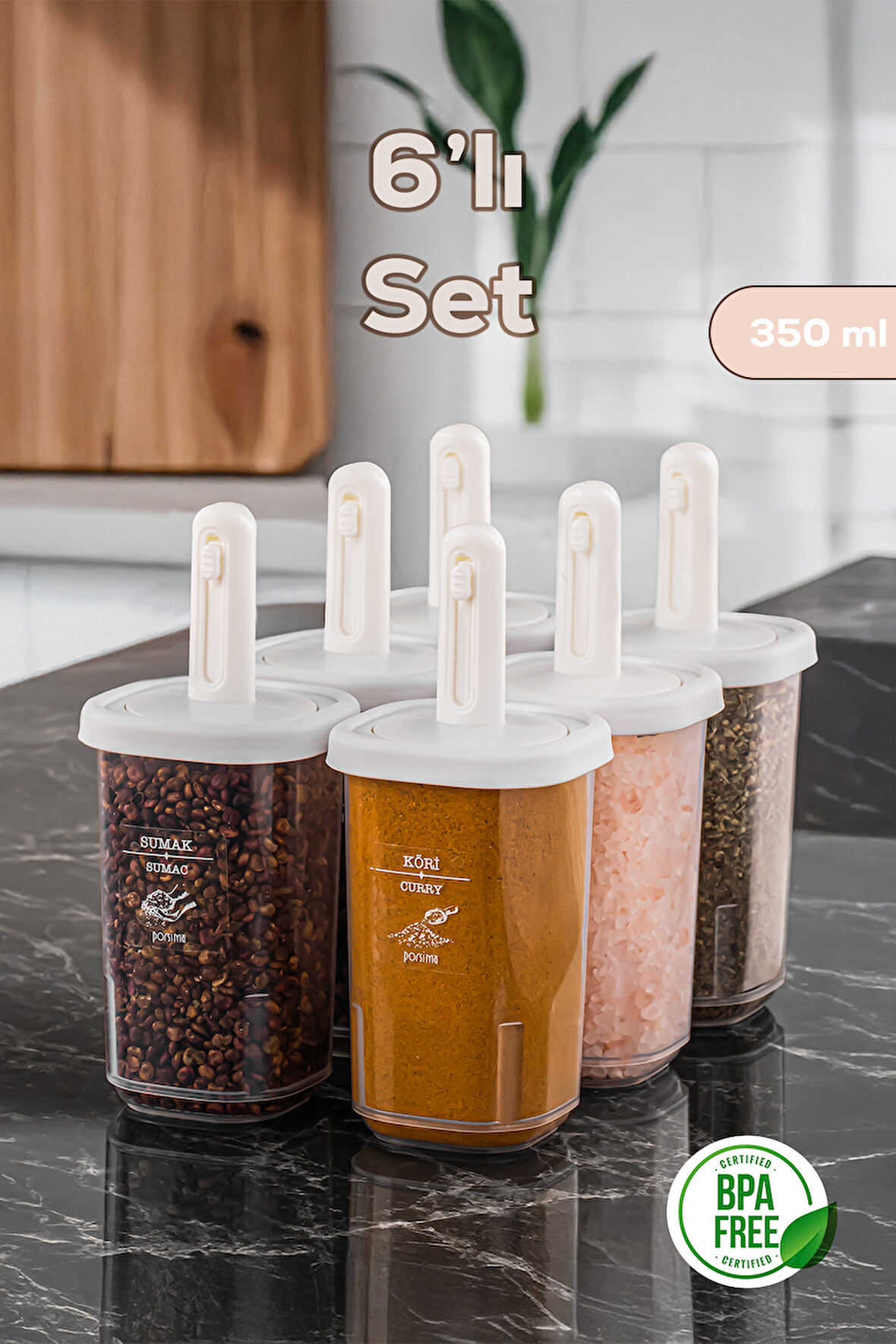 Porsima 4360 6lı Kaydırmalı Kendinden Kaşıklı Sızdırmaz Kapaklı Etiketli Baharatlık Seti - Saklama Kabı