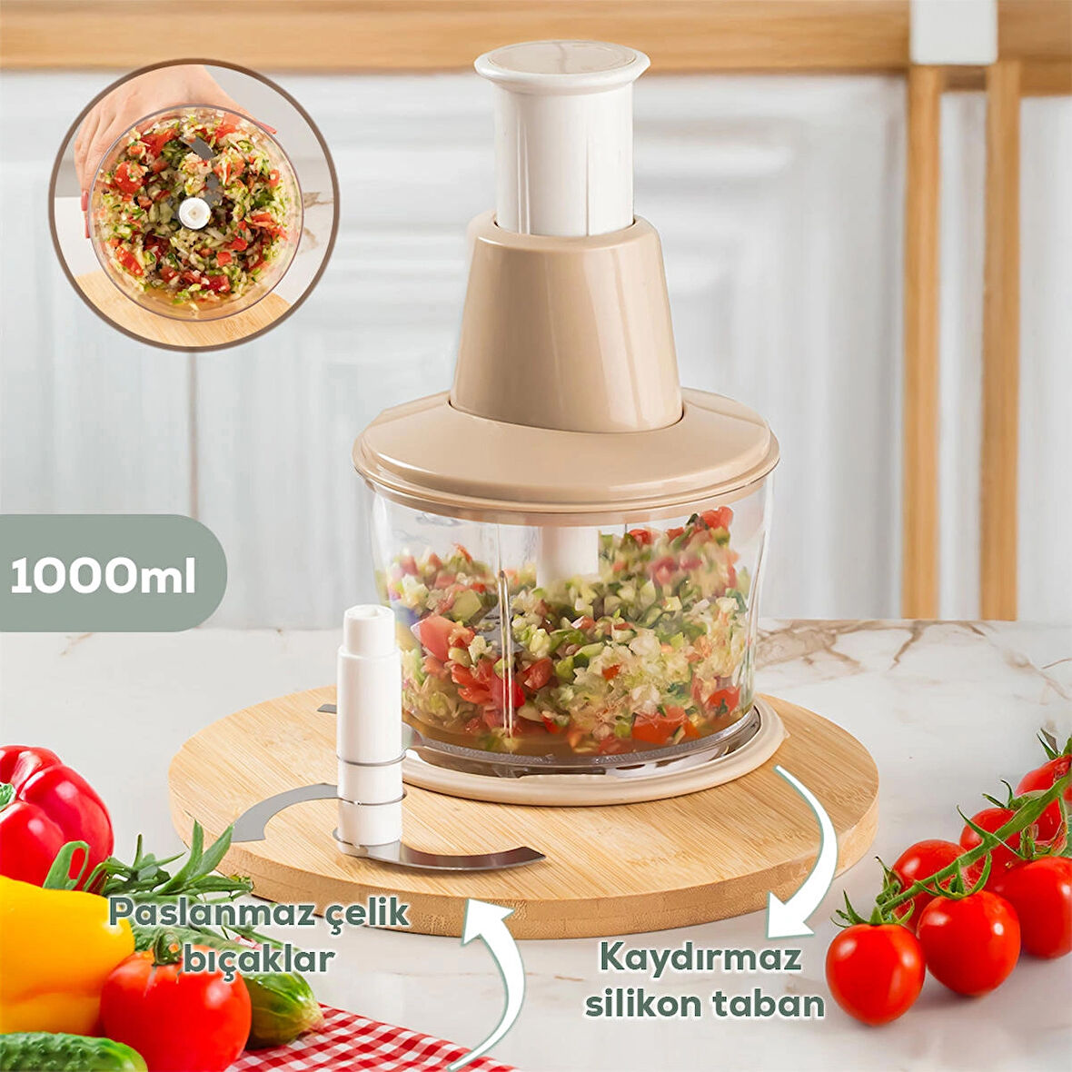 Porsima 232-2 Basmalı Pratik El Rondosu 3 Bıçaklı Blender Doğrayıcı 1000ml Cappuccino
