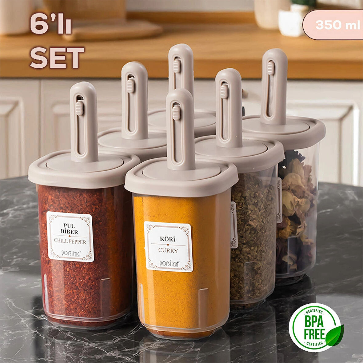 Porsima 4362 Kaydırmalı Kaşıklı Baharatlık Seti 6' lı Şeffaf - Cappucino