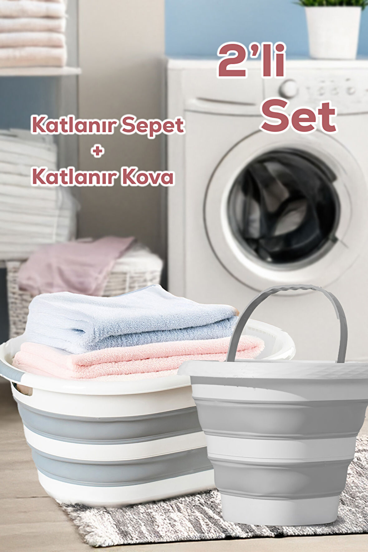 Porsima 2li Katlanır Temizlik Seti - Katlanır Sepet 25lt - Katlanır Kova 10lt