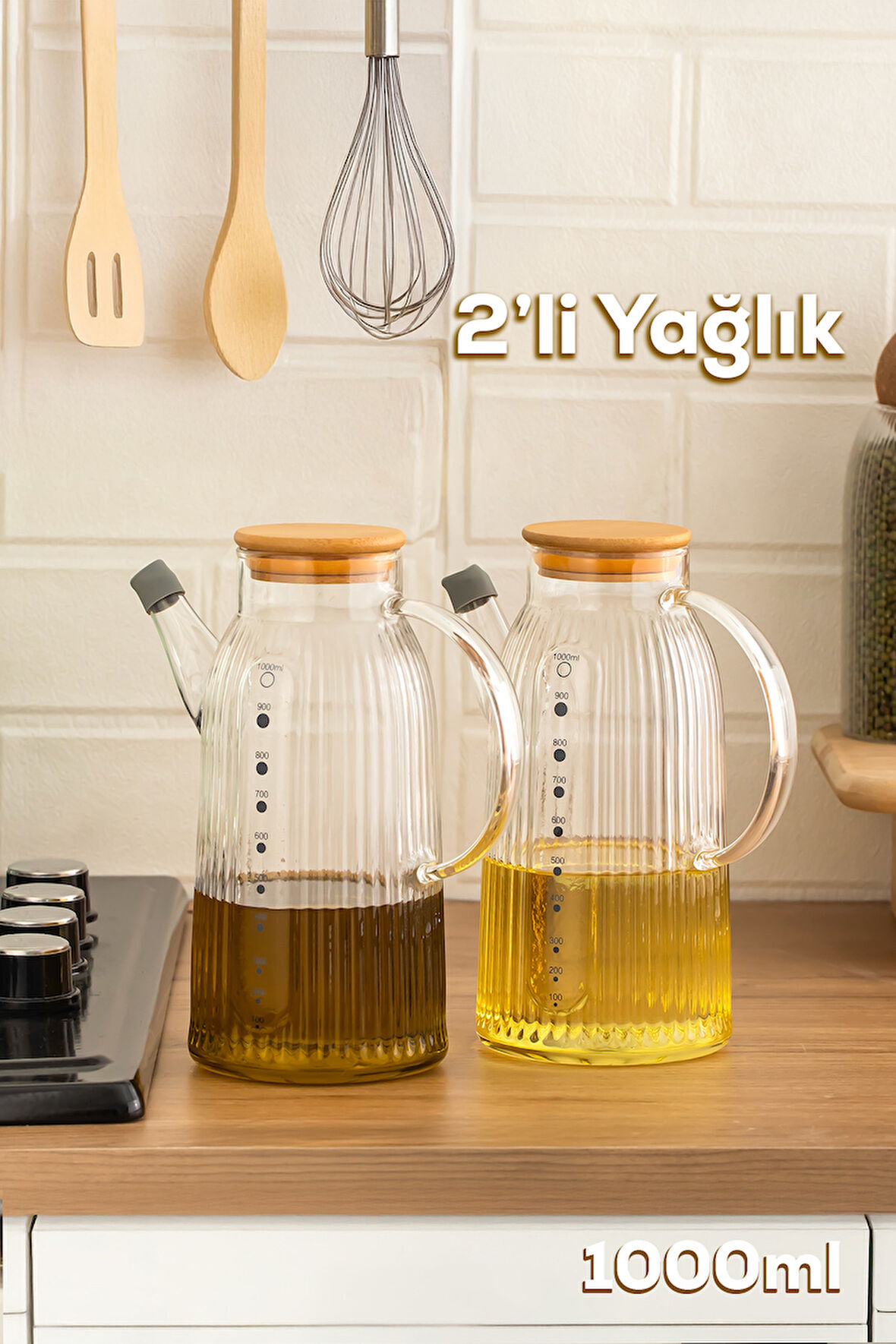 Porsima 2091 Bambu Kapaklı Vakumlu Ölçekli Borosilikat Cam 2li Yağdanlık Yağlık Sirkelik Seti 1000ml