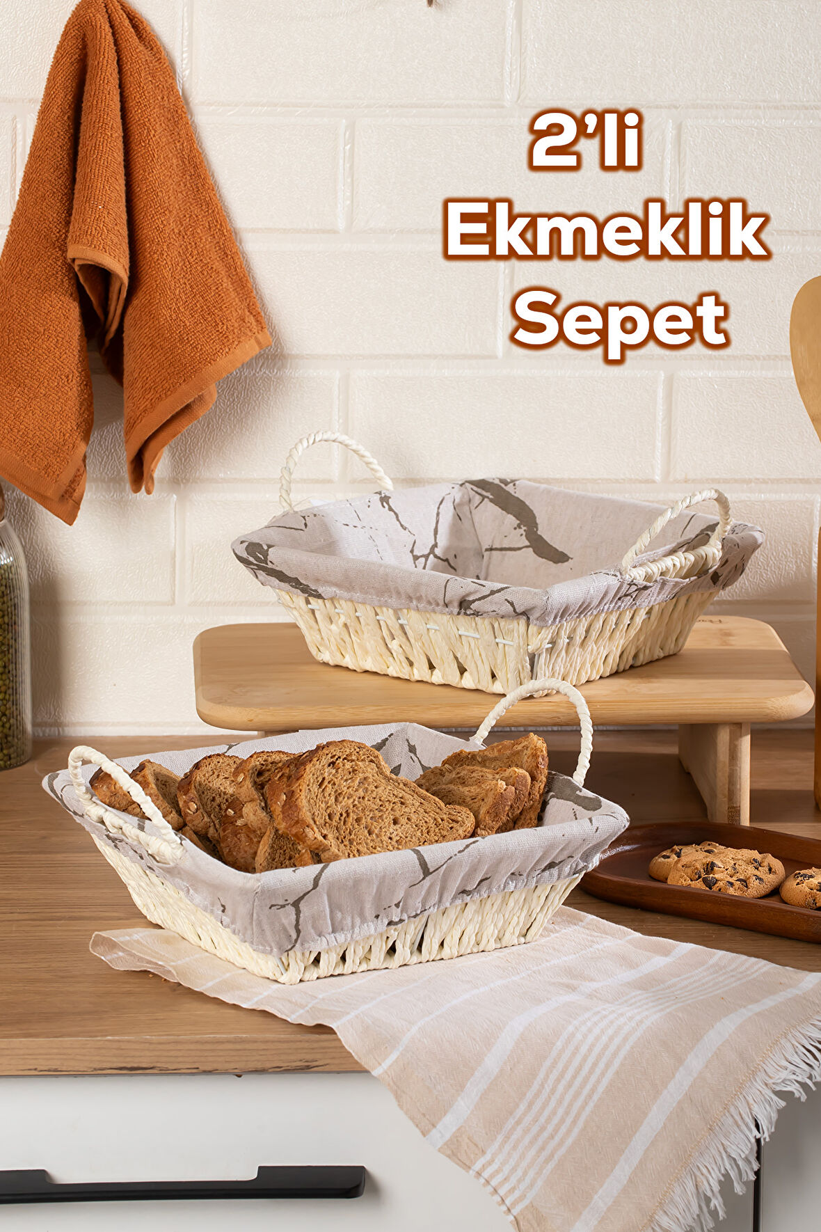 Porsima Mio-021 2Lİ Hasır Görünümlü Kulplu Kare Ekmek Sepeti Beyaz 25,5cm