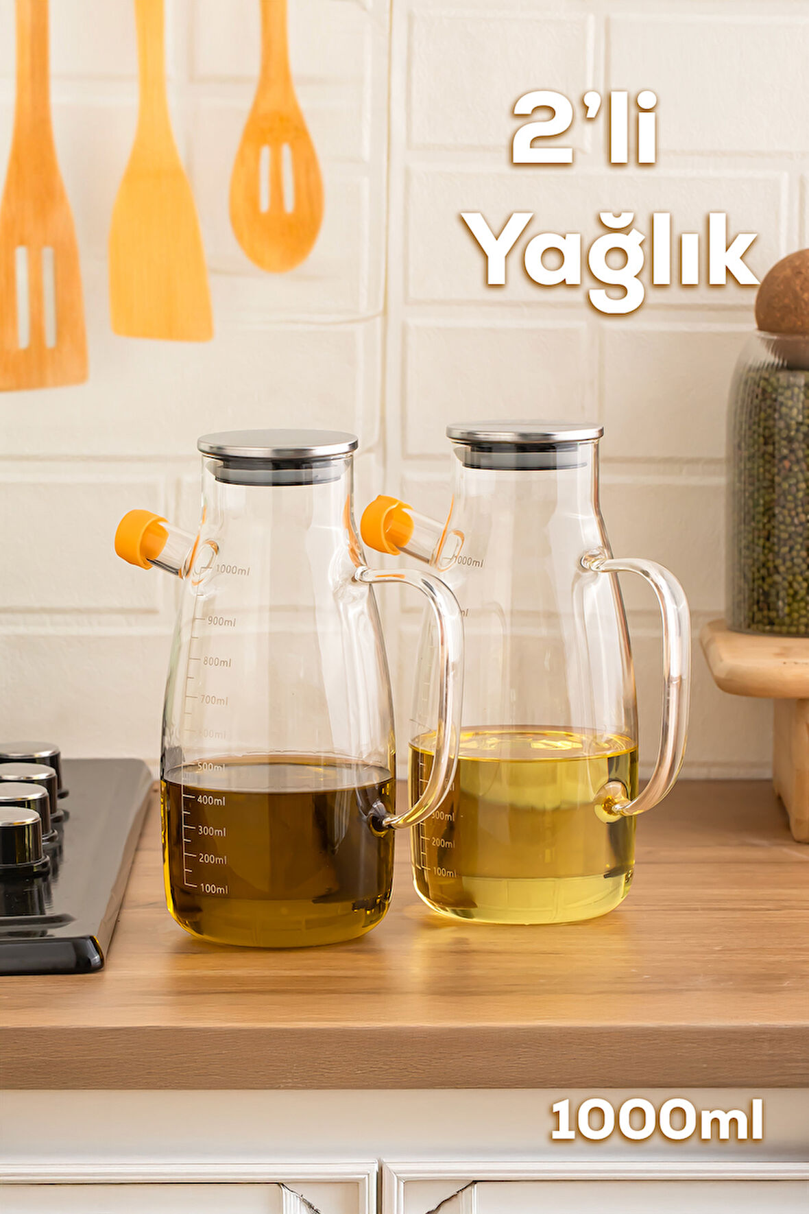 Porsima 2092 2li Metal Kapaklı Vakumlu Ölçekli Borosilikat Cam Yağdanlık Yağlık Sirkelik 1000+1000ml