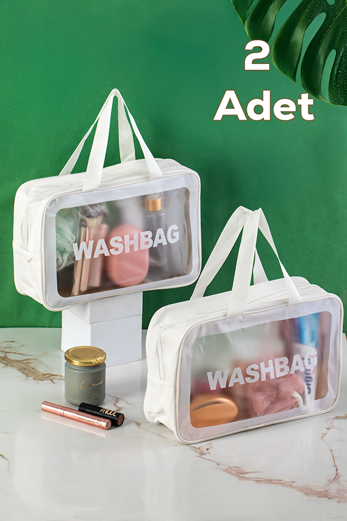 Porsima 3142-1 2li Şeffaf - Beyaz Seyahat ve Makyaj Çantası Su Geçirmez Organizer Washbag 20x30cm