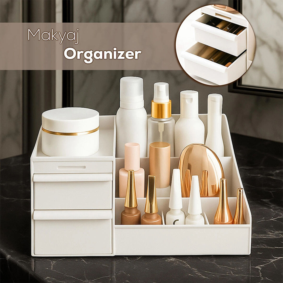 Porsima 5303 Çok Amaçlı Organizer 2 Çekmeceli Kozmetik Parfüm Krem Takı Makyaj Düzenleyici Beyaz