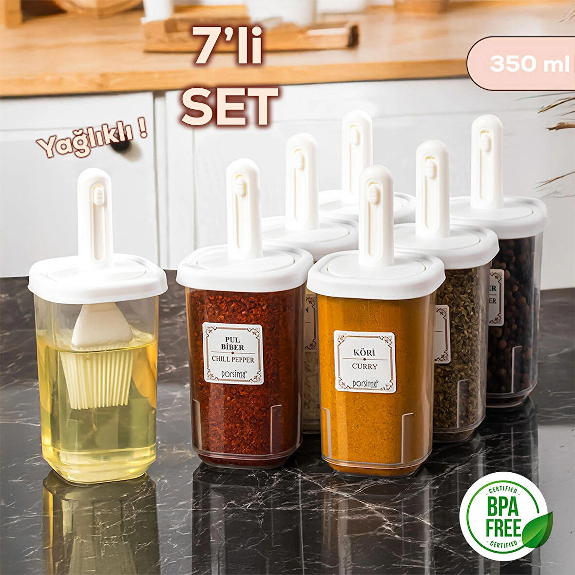 Porsima 4365 7 li Kaydırmalı Kaşıklı Sızdırmaz Kapaklı Etiketli Baharatlık Seti - Saklama Kabı Beyaz