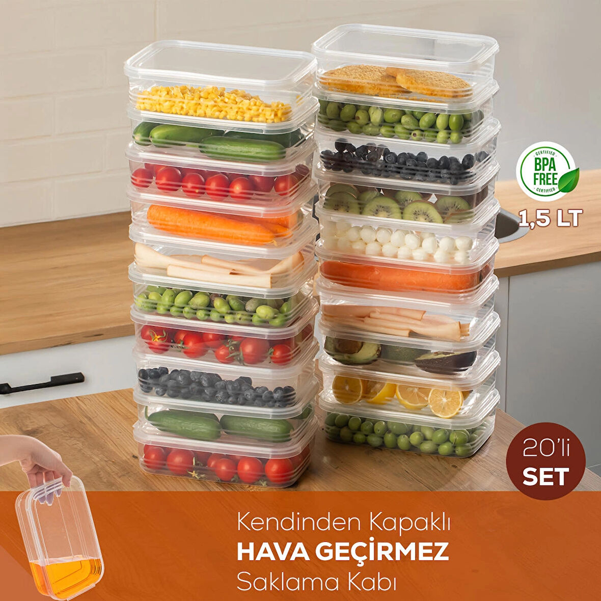 Porsima 4363-20 Kendinden Kapaklı Derin Dondurucuya Uygun 20 Adet Saklama Kabı Hava Almaz Düzenleyici 1,5 lt