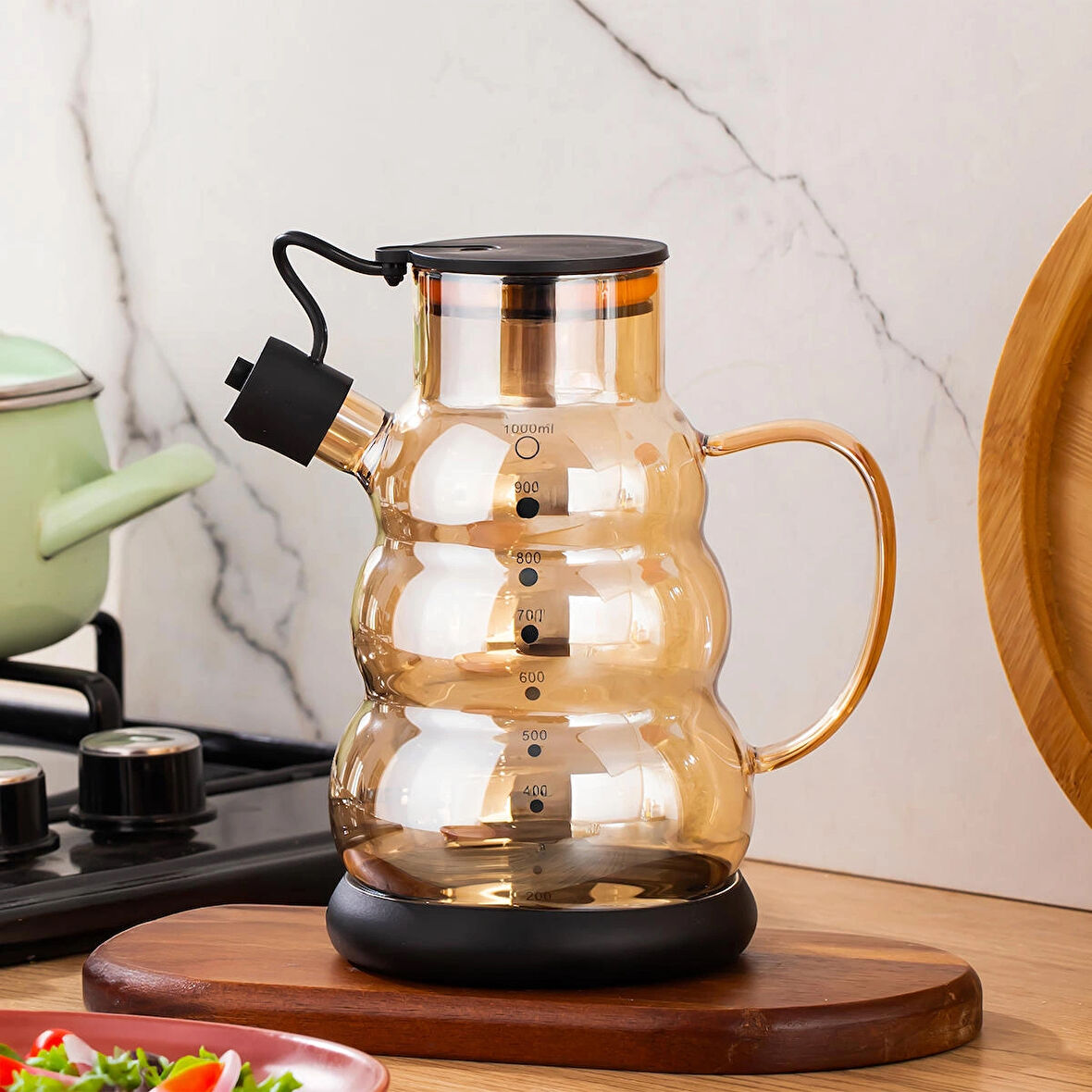 Porsima 3617-1 Kapaklı Borosilikat Cam Yağlık Sirkelik Yağdanlık 1000ml Siyah