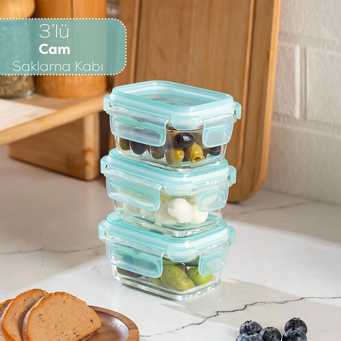 Porsima 4373 3 lü Kilitli Sızdırmaz Kapaklı Yiyecek Erzak Saklama Kabı Seti - Cam Saklama Kabı - 150ml Yeşil