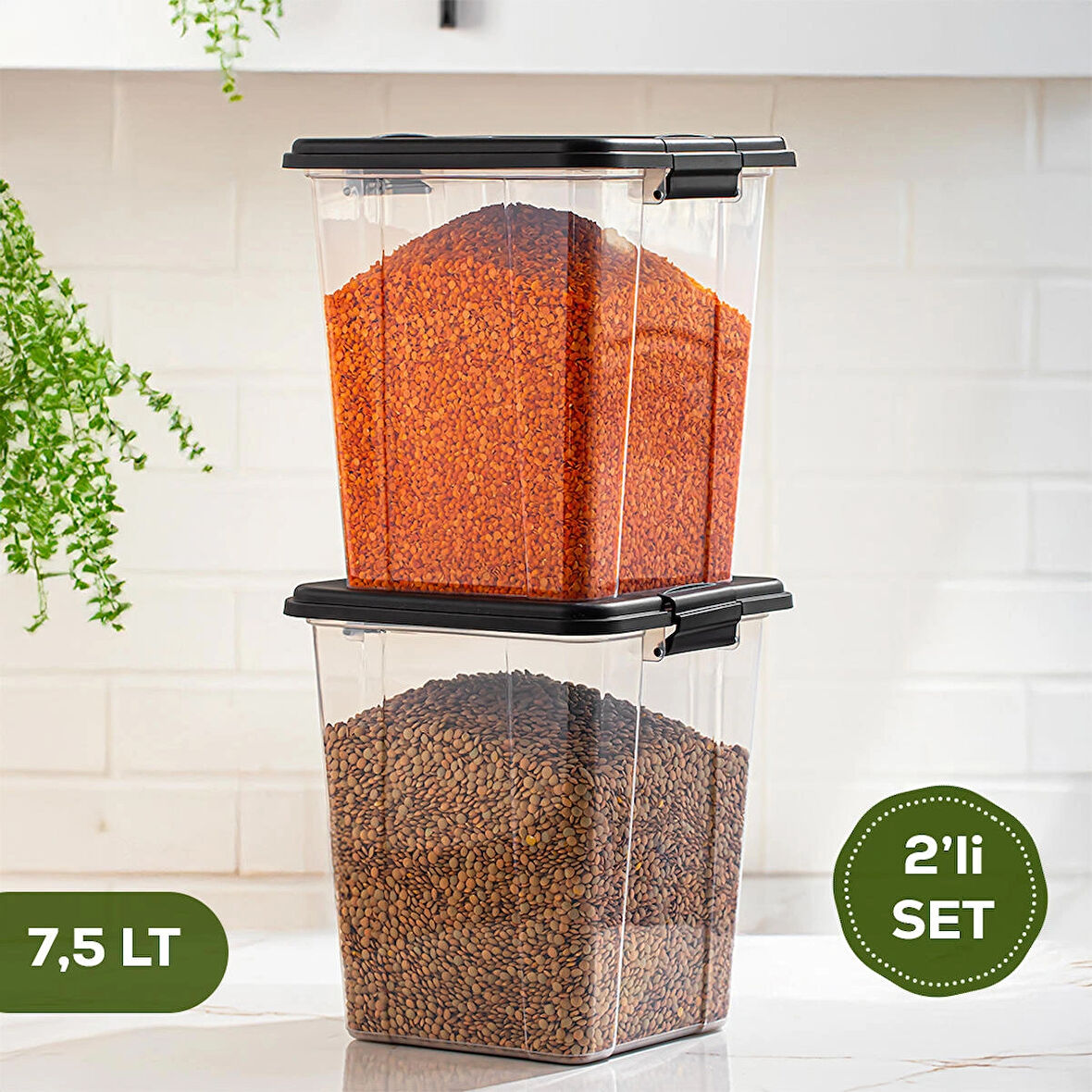 Porsima 4378 2 li  7,5lt Mega Boy Hava Geçirmez Deterjan Saklama Kabı Erzak Saklama Kabı Seti Gri