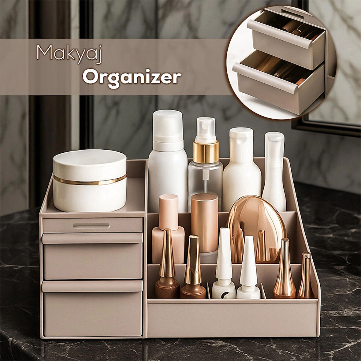 Porsima 5305 Çok Amaçlı Organizer 2 Çekmeceli Kozmetik Parfüm Krem Takı Makyaj Düzenleyici Cappuccino