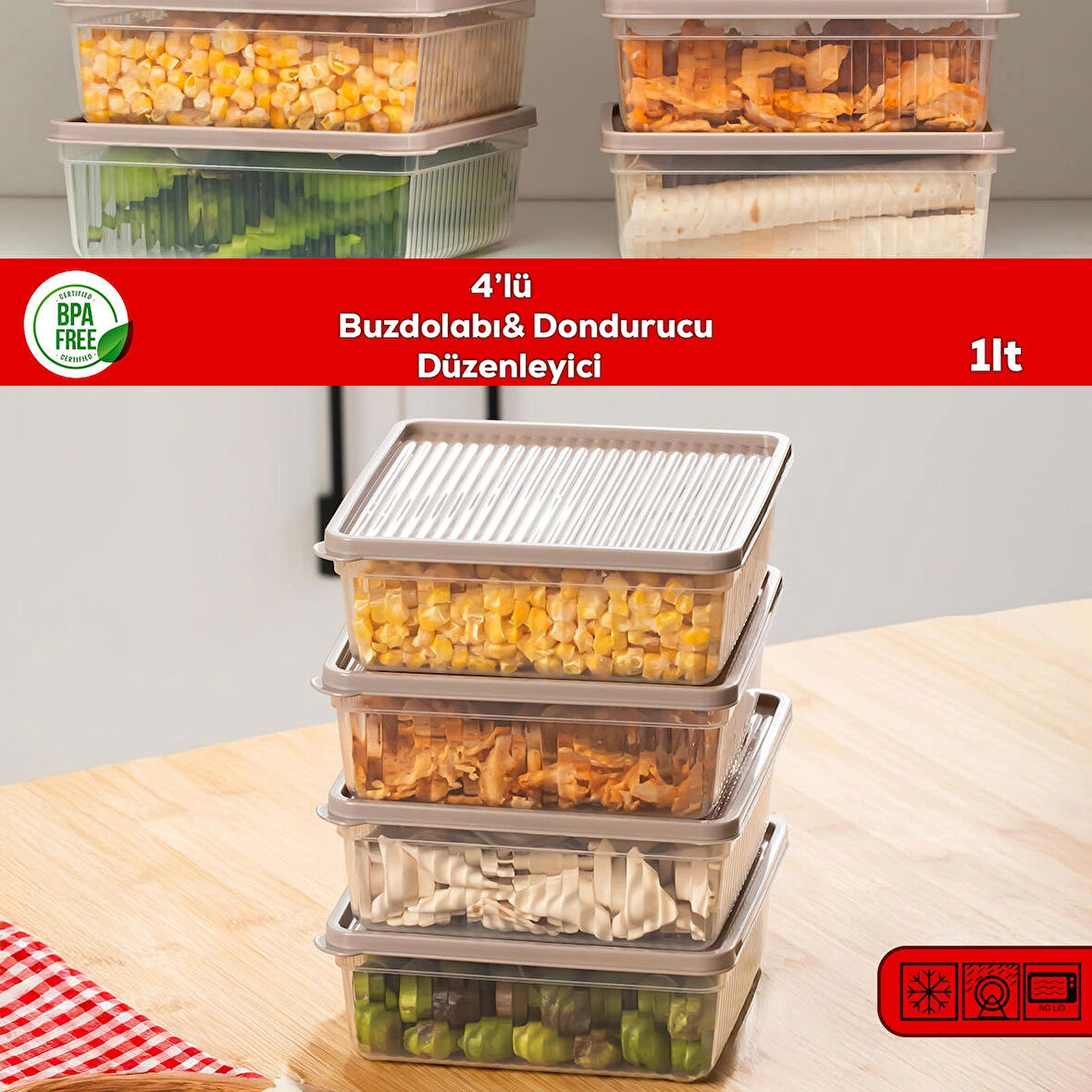 Porsima 5306 4 lü 1 Lt Buzdolabı ve Difriz Düzenleyici Saklama Kabı Seti - BPA İçermez, Mikrodalga Uyumlu, Kapaklı, Gıda Saklama Kabı, Kapicino