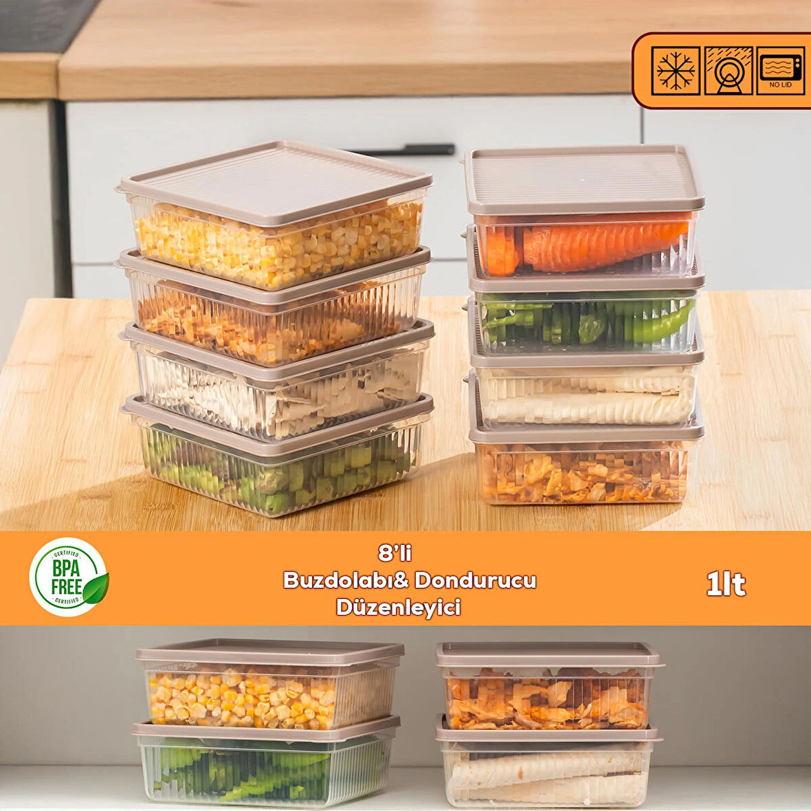 Porsima 5307 8 li 1 Lt Buzdolabı ve Difriz Düzenleyici Saklama Kabı Seti - BPA İçermez, Mikrodalga Uyumlu, Kapaklı, Gıda Saklama Kabı, Kapicino