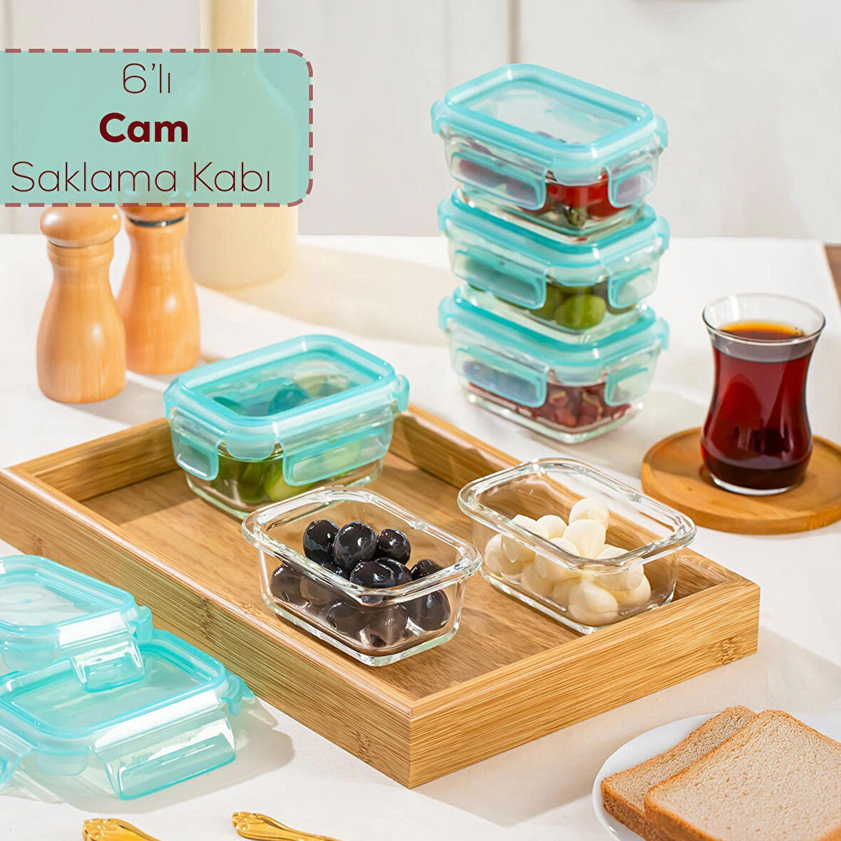 Porsima 4373 6 lı Sızdırmaz Kilit Kapaklı Yiyecek Erzak Saklama Kabı Seti - Cam Saklama Kabı - 150ml Yeşil