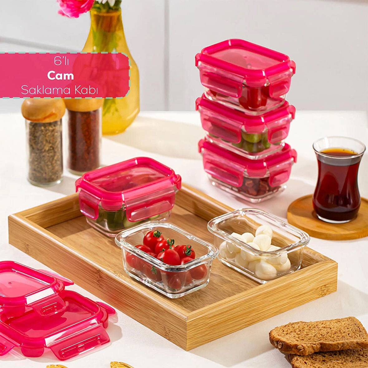 Porsima 4374 6lı Sızdırmaz Kilit Kapaklı Yiyecek Erzak Saklama Kabı Seti - Cam Saklama Kabı - 150ml Pembe