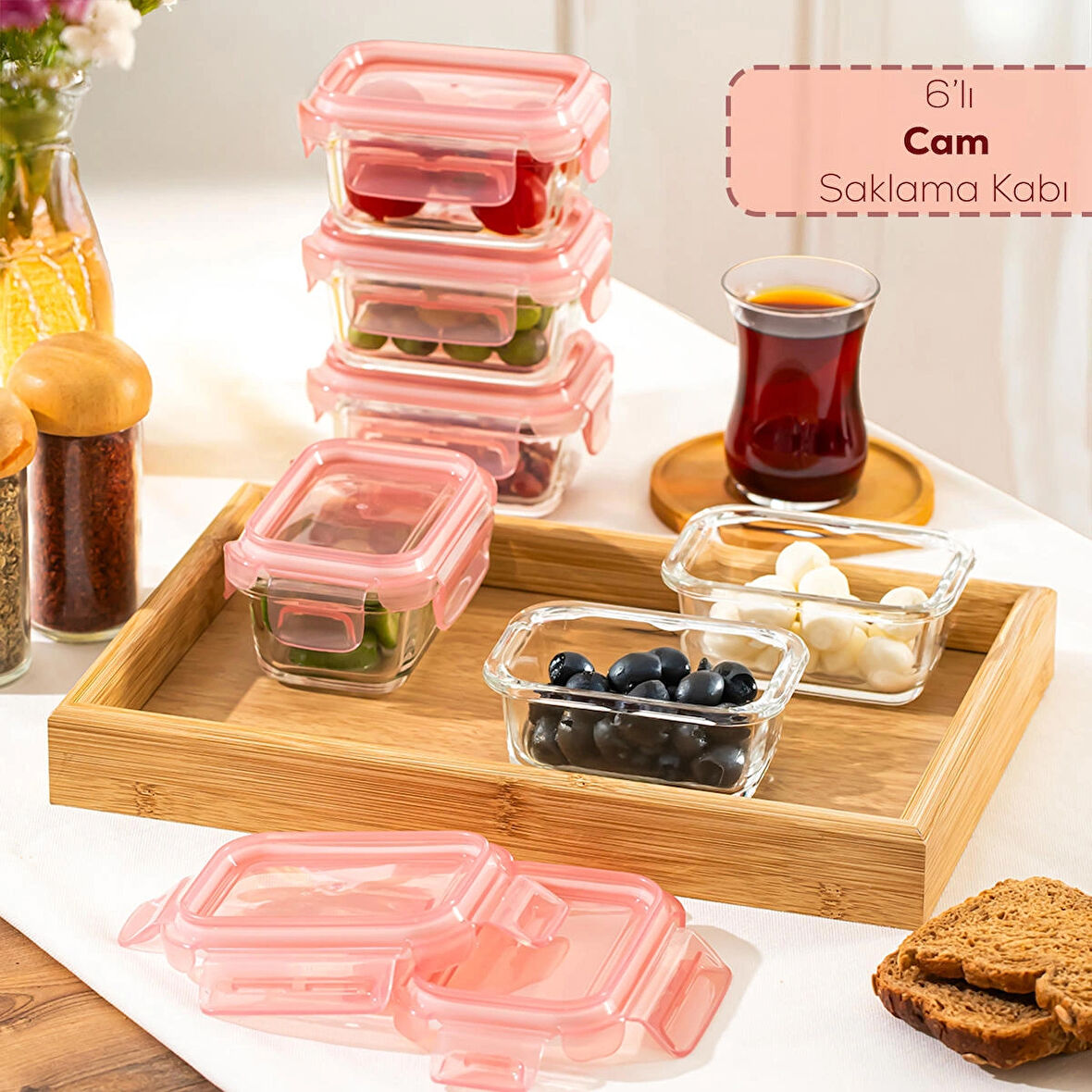 Porsima 4375 6lı Sızdırmaz Kilit Kapaklı Yiyecek Erzak Saklama Kabı Seti - Cam Saklama Kabı - 150ml Pudra