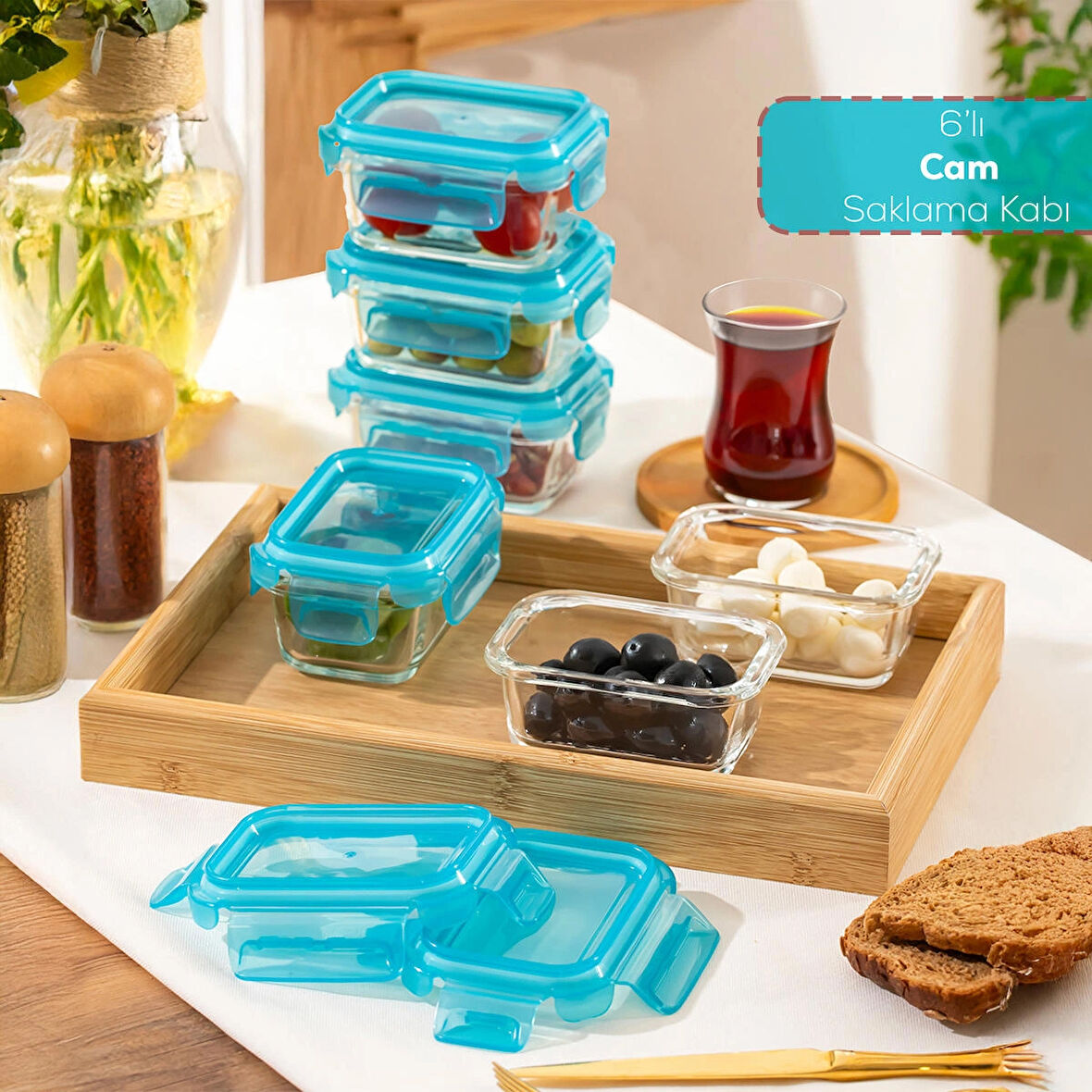 Porsima 4376 6lı Sızdırmaz Kilit Kapaklı Yiyecek Erzak Saklama Kabı Seti - Cam Saklama Kabı - 150ml Mavi