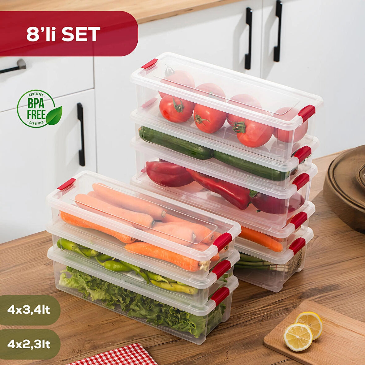Porsima 8li Kilitli Kapaklı Yiyecek Erzak Saklama Kabı Seti - Buzdolabı Düzenleyici Organizeri