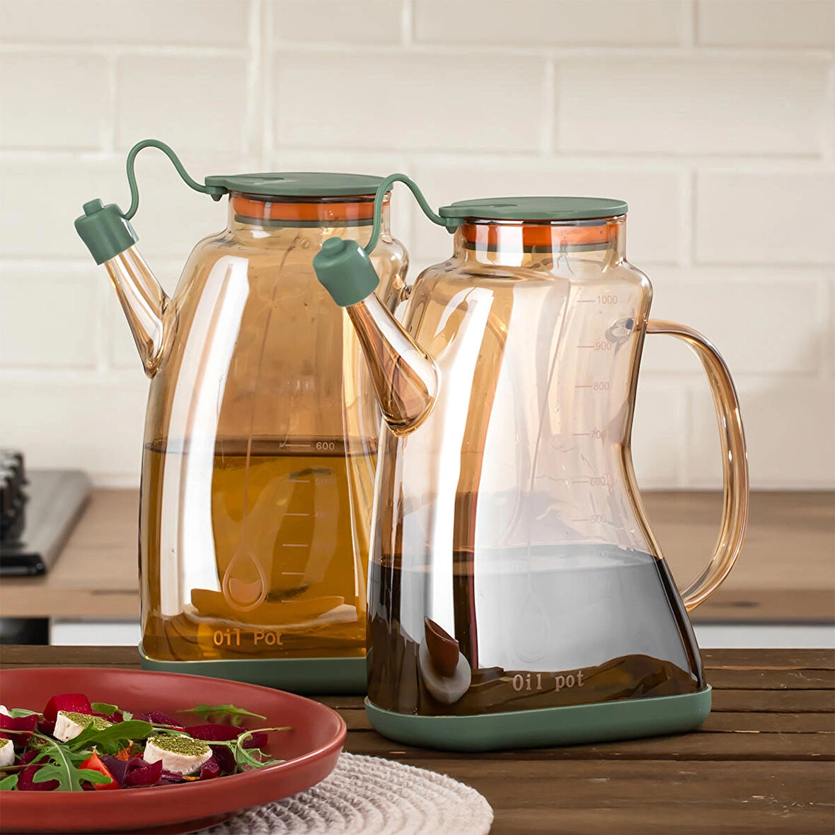 Porsima 3855 Şeffaf Borosilikat Cam Zeytinyağ Şişesi - 2li Yağlık ve Sirkelik Seti Yeşil 1lt