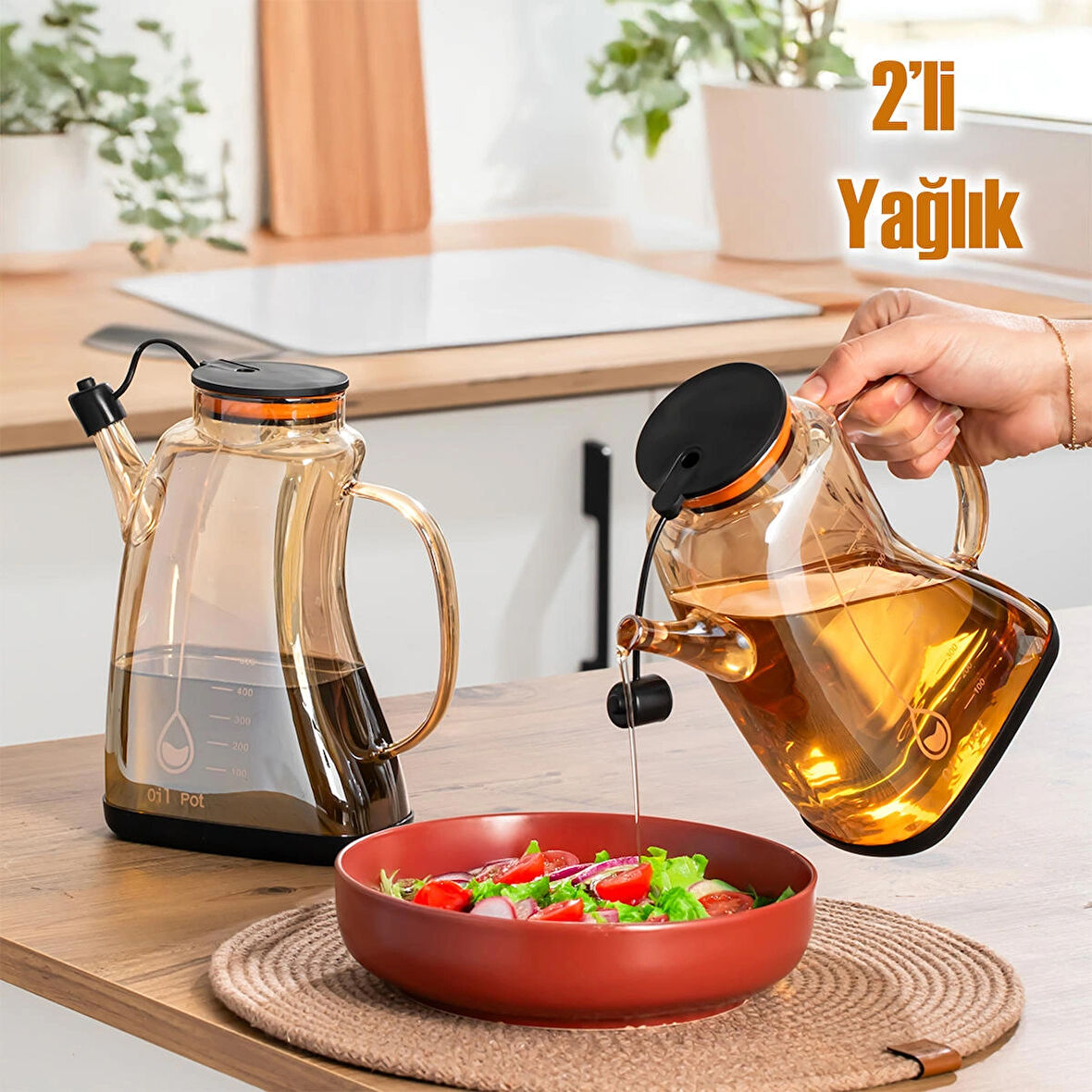 Porsima 3855-1 Şeffaf Borosilikat Cam Zeytinyağ Şişesi - 2li Yağlık ve Sirkelik Seti Siyah 1lt