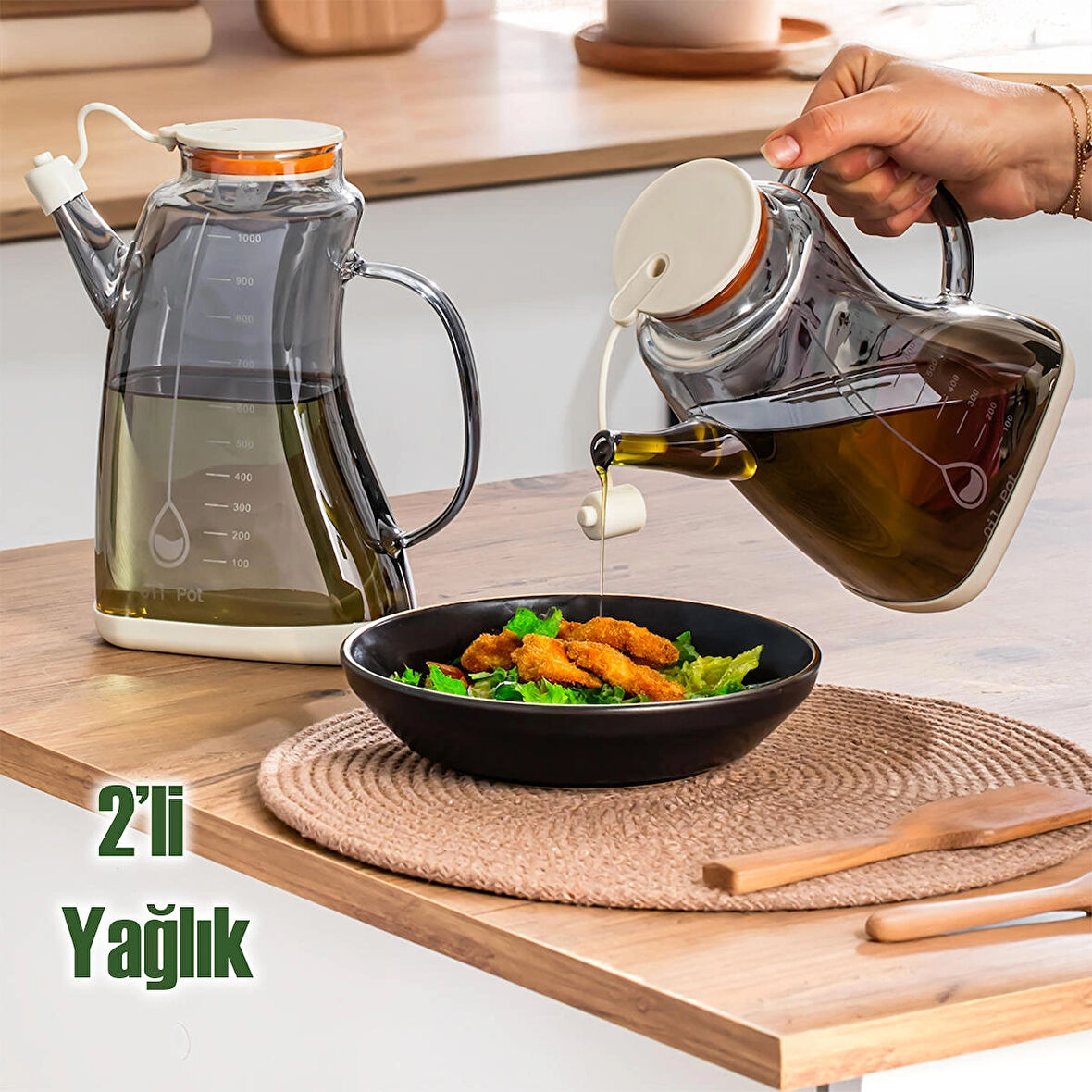 Porsima 3855-2 Şeffaf Borosilikat Cam Zeytinyağ Şişesi - 2li Yağlık ve Sirkelik Seti Beyaz 1lt