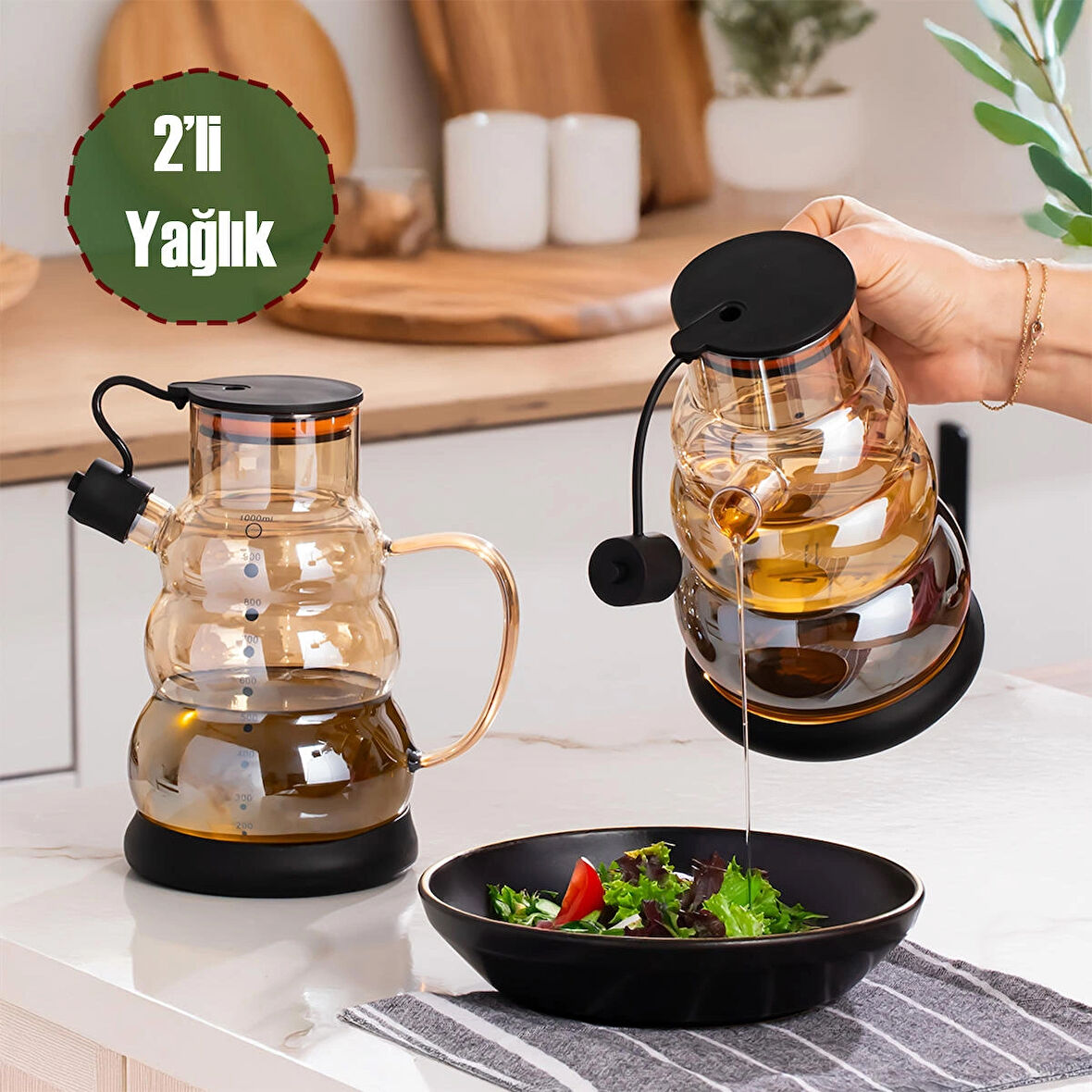 Porsima 3617- 1 Kapaklı Borosilikat Cam 2li Yağlık Sirkelik Seti Yağdanlık Takımı 1000ml Siyah