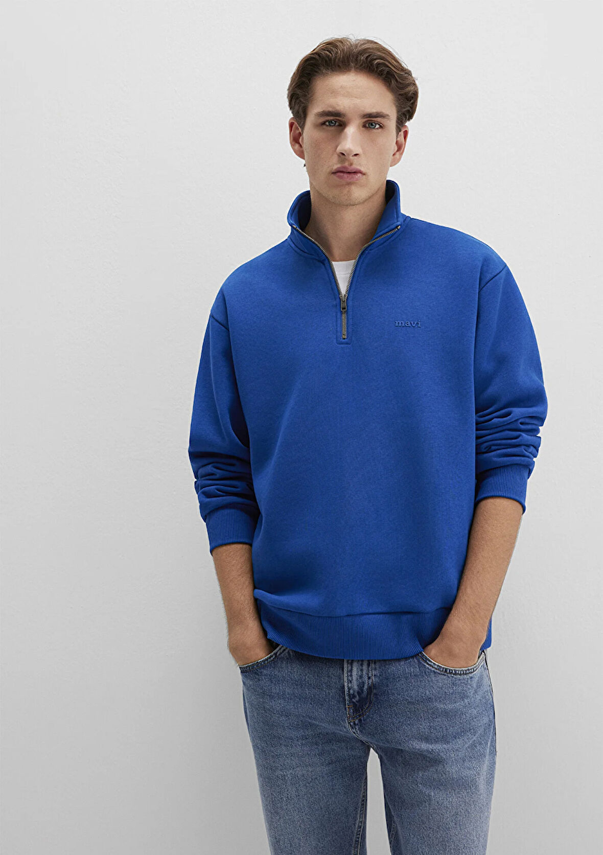 Yarı Fermuarlı Mavi Logo Baskılı Mavi Sweatshirt 0S10585-70907