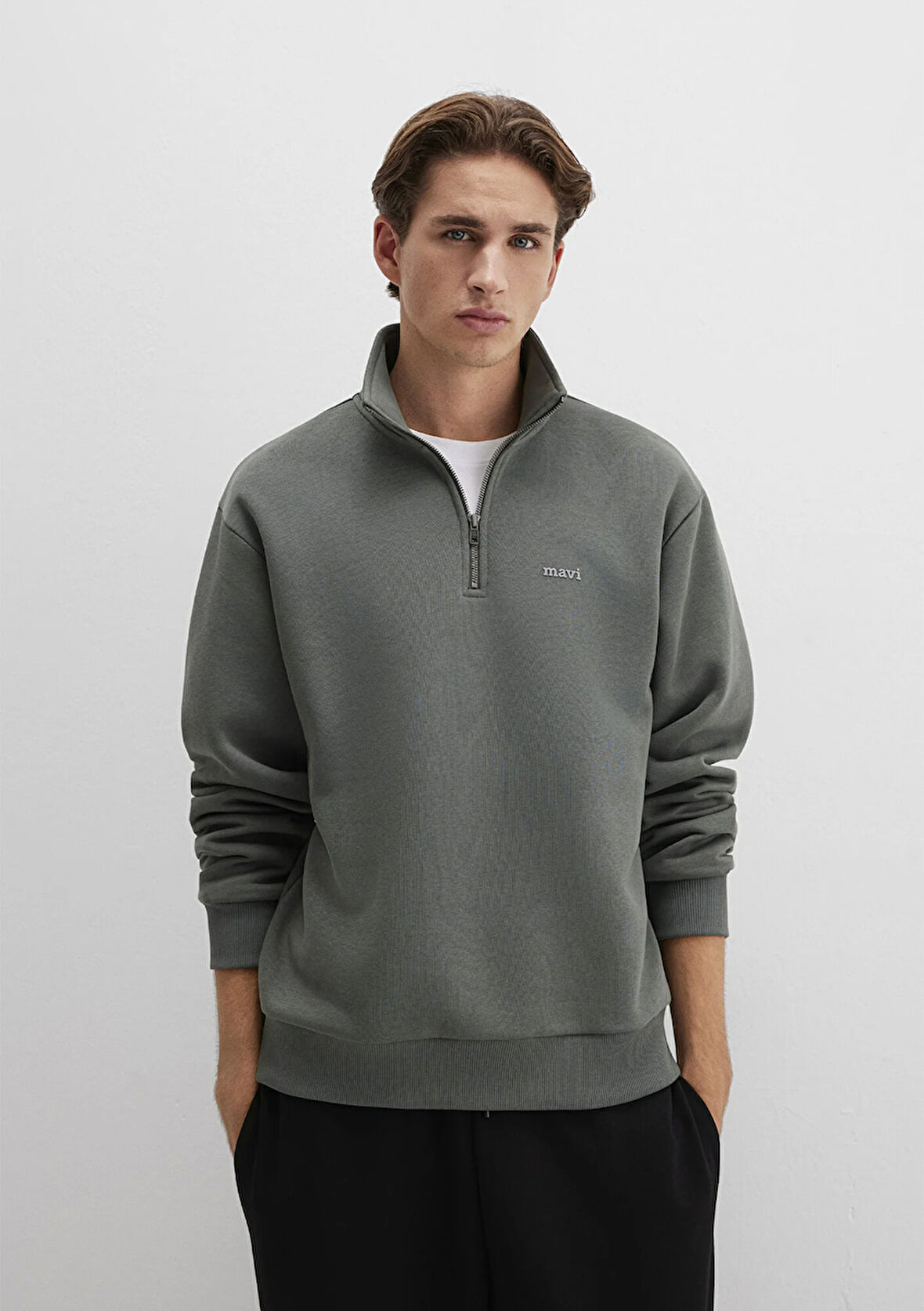 Yarı Fermuarlı Mavi Logo Baskılı Yeşil Sweatshirt 0S10585-71598