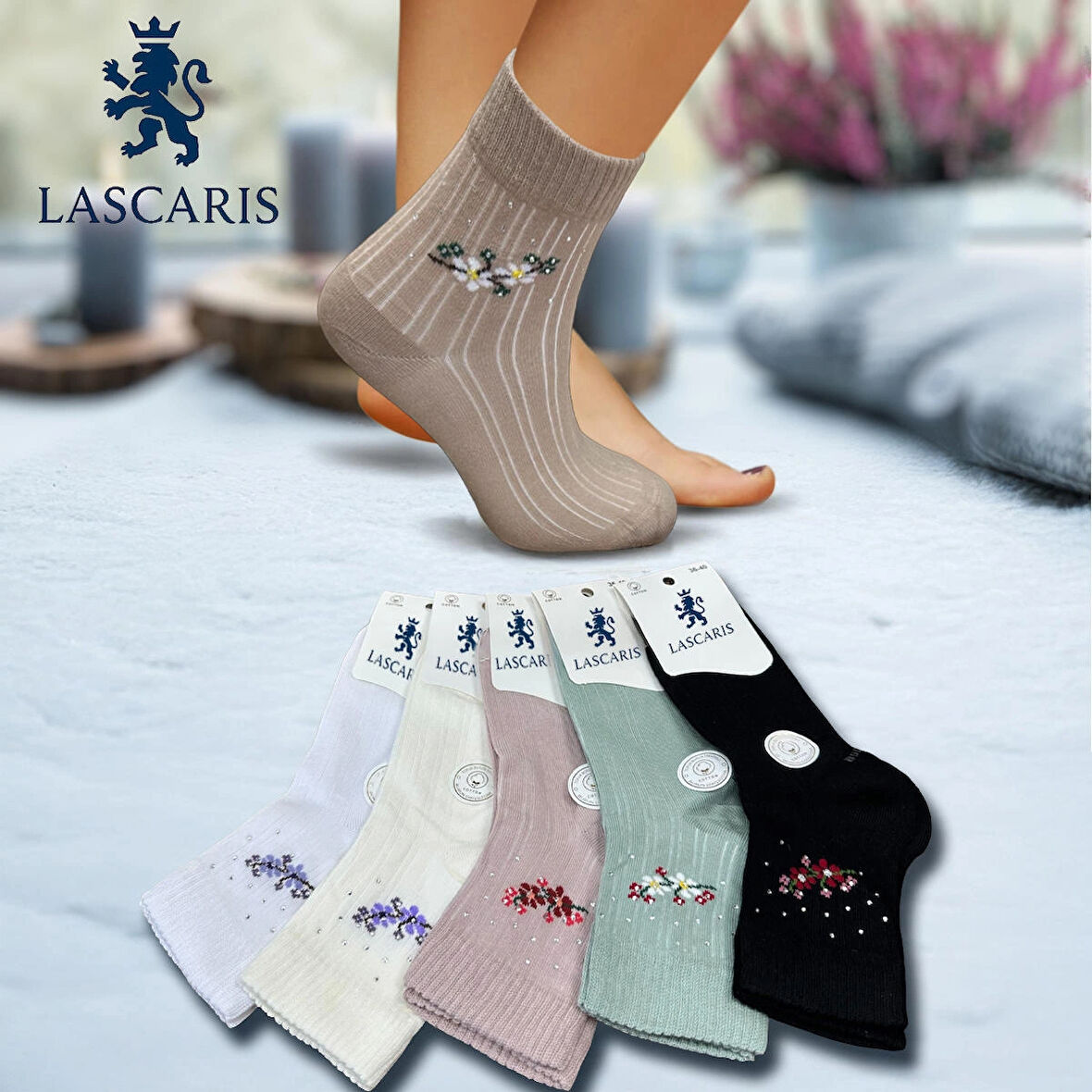 Lascaris Kadın 12’li Taş İşlemeli Floral Soket Çorap