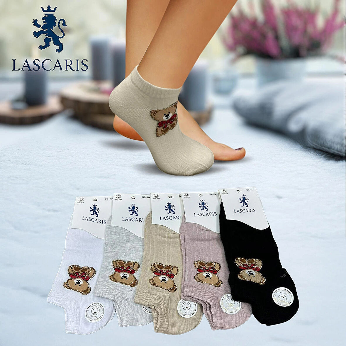Lascaris Kadın 12’li Taş İşlemeli Ayıcıklı Sneakers Çorap