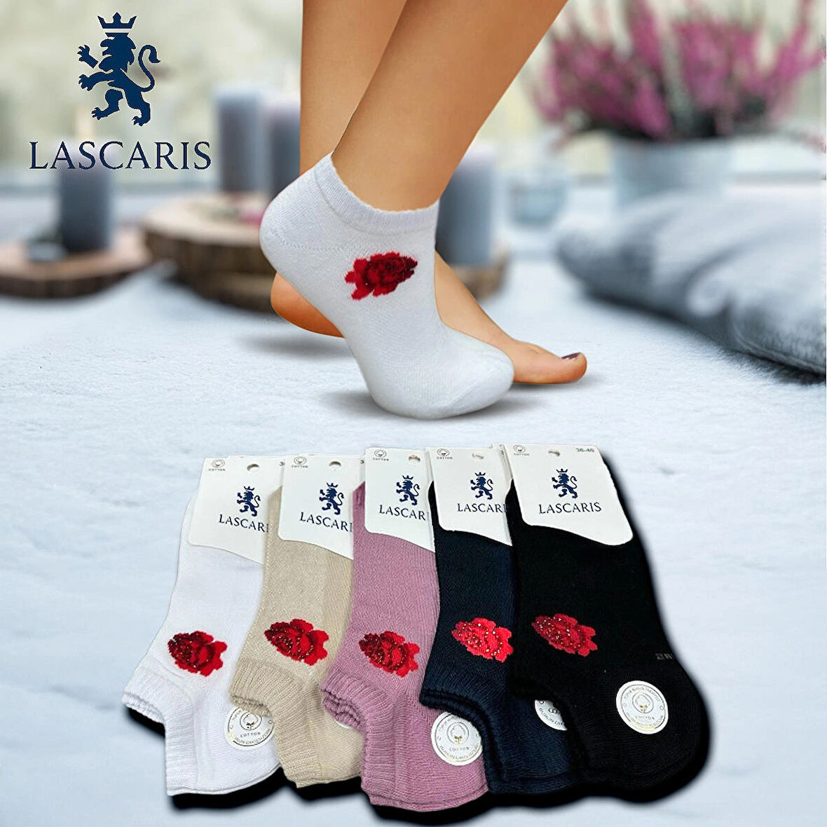 Lascaris Kadın Patik Çorap – 12’li Paket (Zarif Gül Taşlı Model, Karışık Asorti)