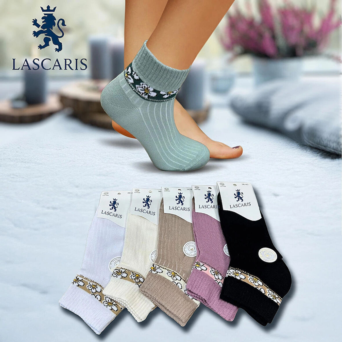 Lascaris Premium Kadın 12’li Taş İşlemeli Çiçek Desenli Soket Çorap Seti