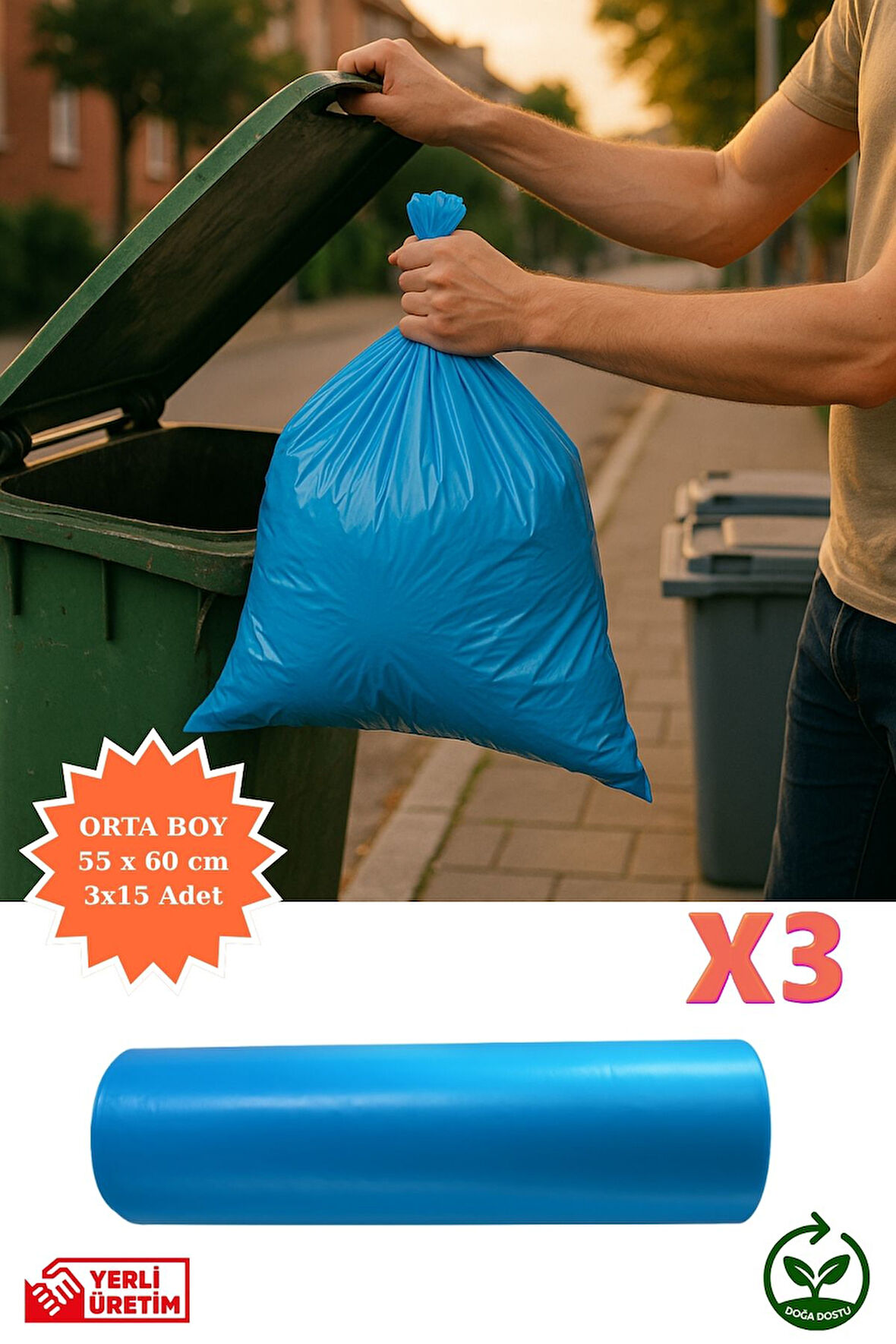 Premium Orta Boy Çöp Poşeti 55x60 cm 3x15 Adet Ev Mutfak Banyo İş Ofis Avantajlı Ekonomik Paket