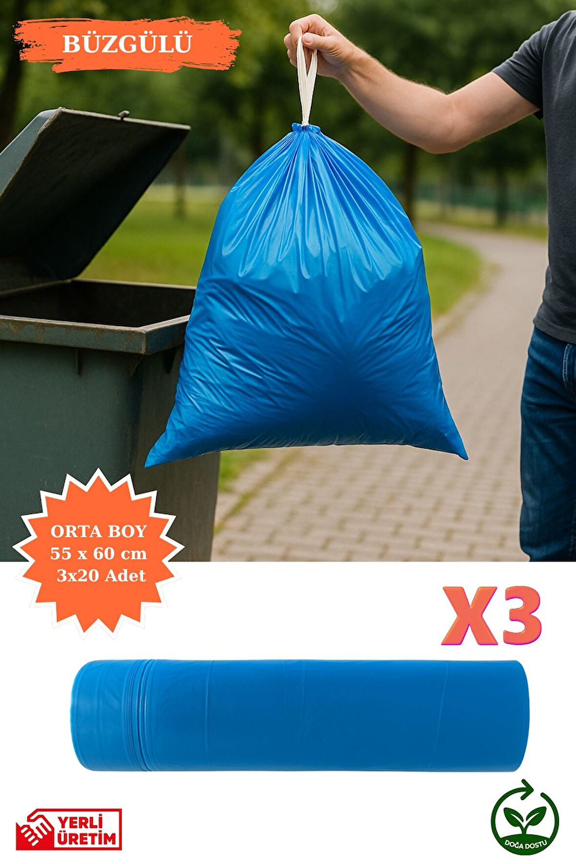 Premium Büzgülü Orta Boy Çöp Poşeti 55x60 cm 3x20 Adet Ev Mutfak İş Ofis Avantajlı Ekonomik Paket