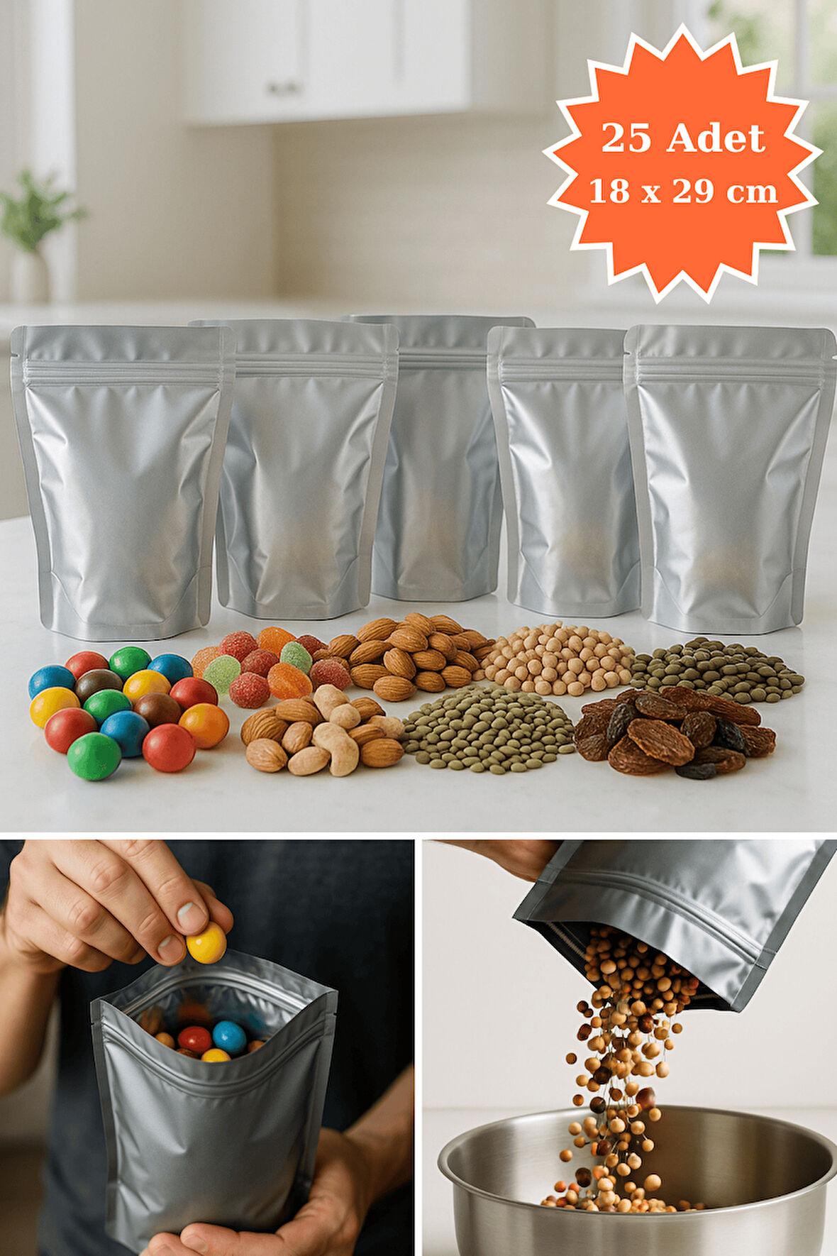 Kilitli Alüminyum Doypack Kahve Kuruyemiş Bakliyat Kedi Köpek Kuş Yemi Saklama Torbası 18x29 cm 25Li