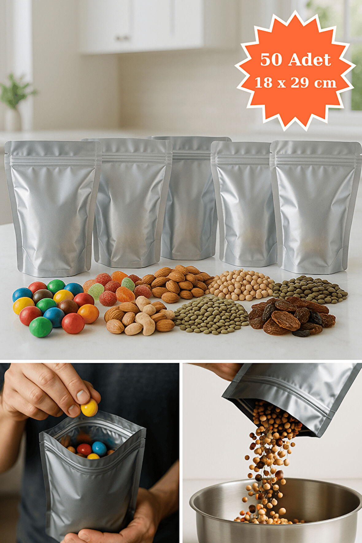 Kilitli Alüminyum Doypack Kahve Kuruyemiş Bakliyat Kedi Köpek Kuş Yemi Saklama Torbası 18x29 cm 50Li