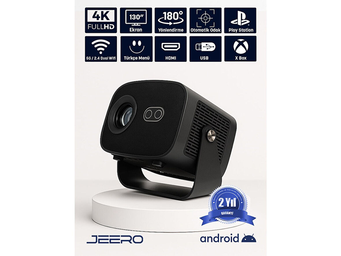 JEERO 4K Smart Cinema Portable Projector (Auto Focus / Android) Türkçe Menü