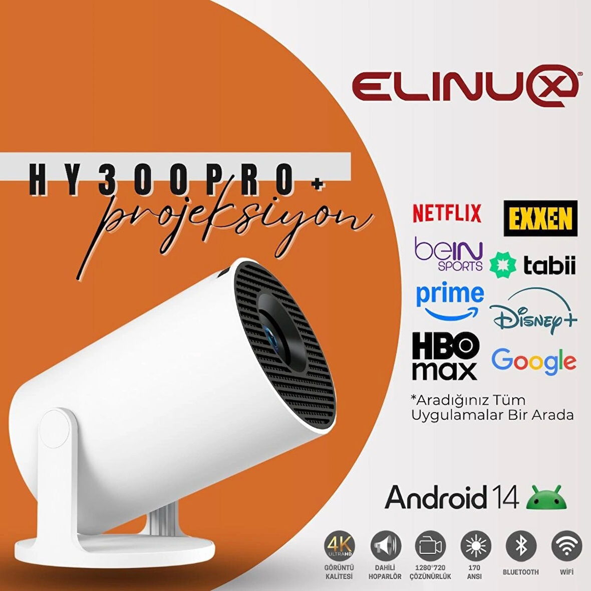 Elinux HY300 PRO+ Akıllı Projektör Yeni H726 Çip Android 14 Wifi Bluetooh Dahili Hoparlör Taşınabilir