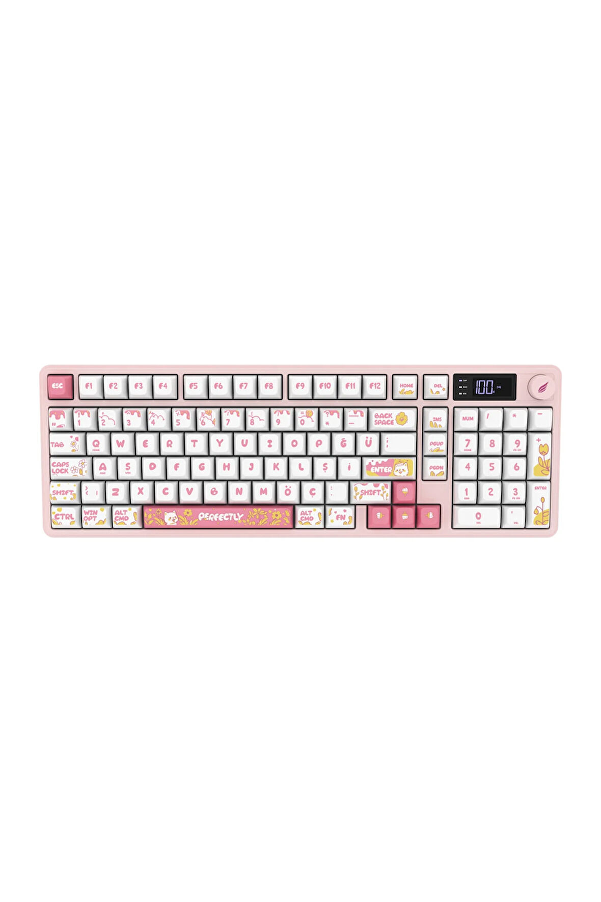 Hawk Gaming HK258WP Membrane LCD RGB Kablosuz/Bluetooth Beyaz Pembe Full Türkçe Gaming Klavye
