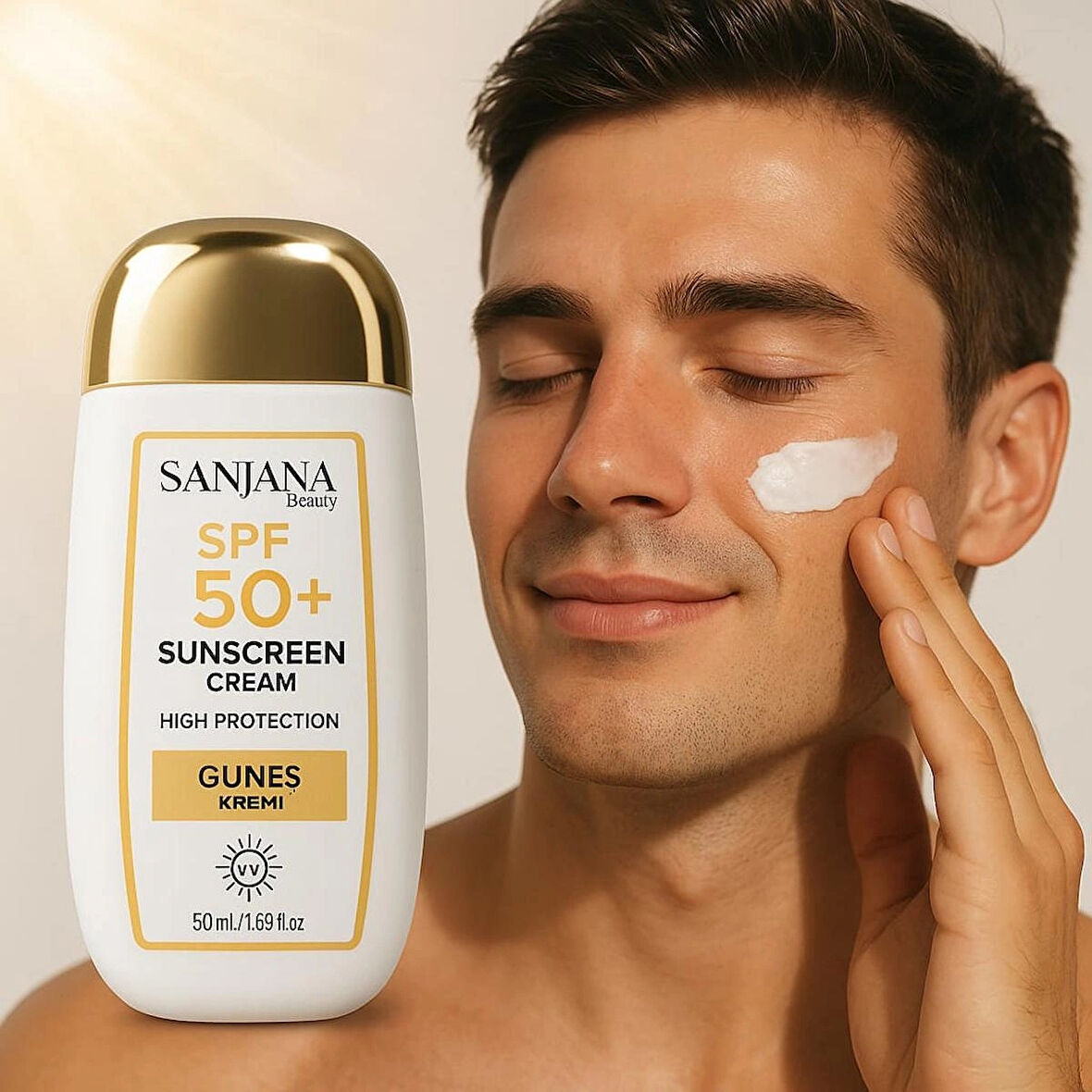 Sanjana Beauty SPF 50+ Güneş Koruyucu Krem | Yüksek Koruma | UVA/UVB Filtreli, Nemlendirici, Leke Karşıtı Güneş Kremi – 50 ml
