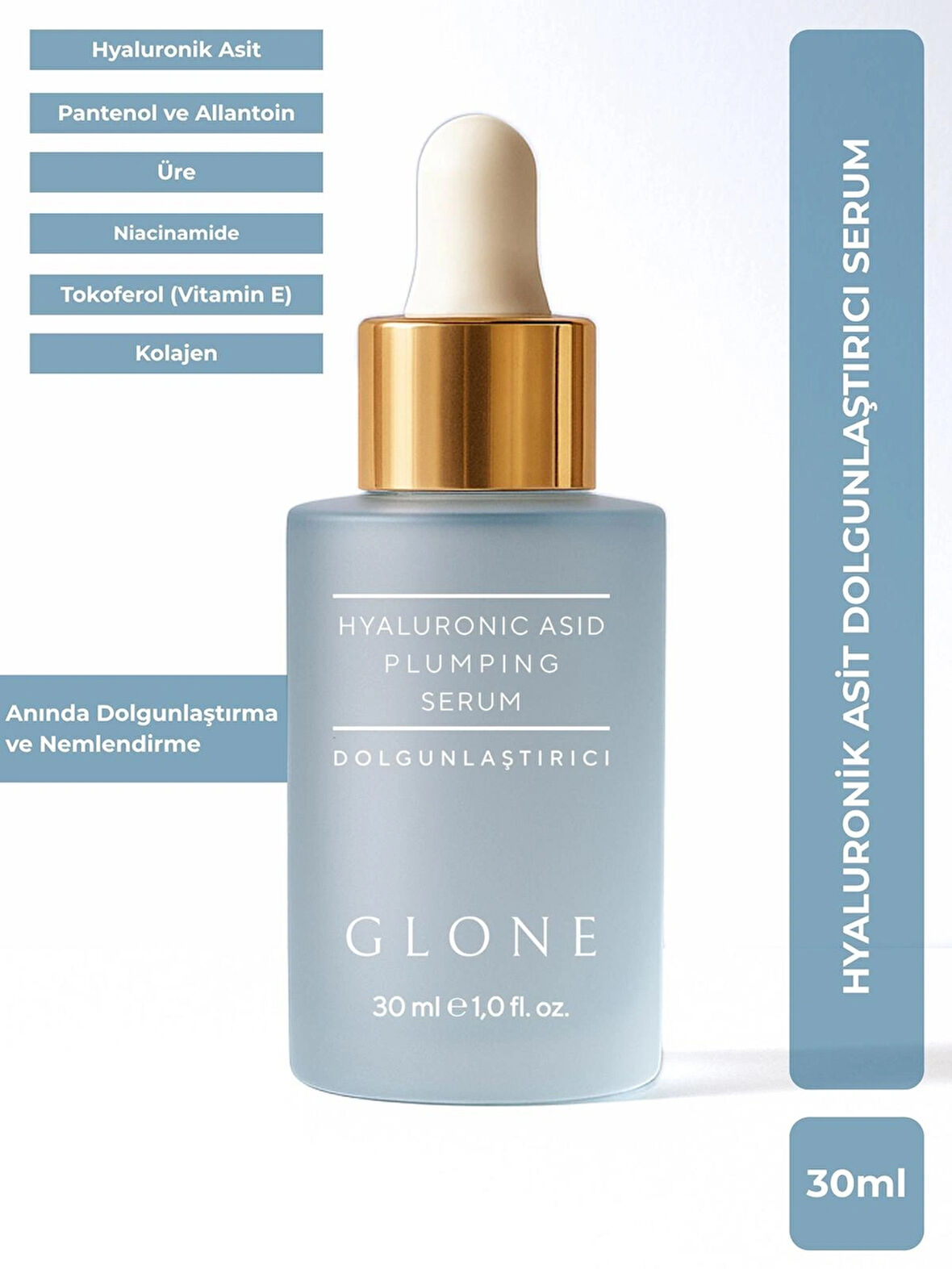 GLONE Hyaluronik Asit Dolgunlaştırıcı Yüz Serumu | 30 ml | Pürüzsüzleştirici Etki, Kolajen & Niacinamide 