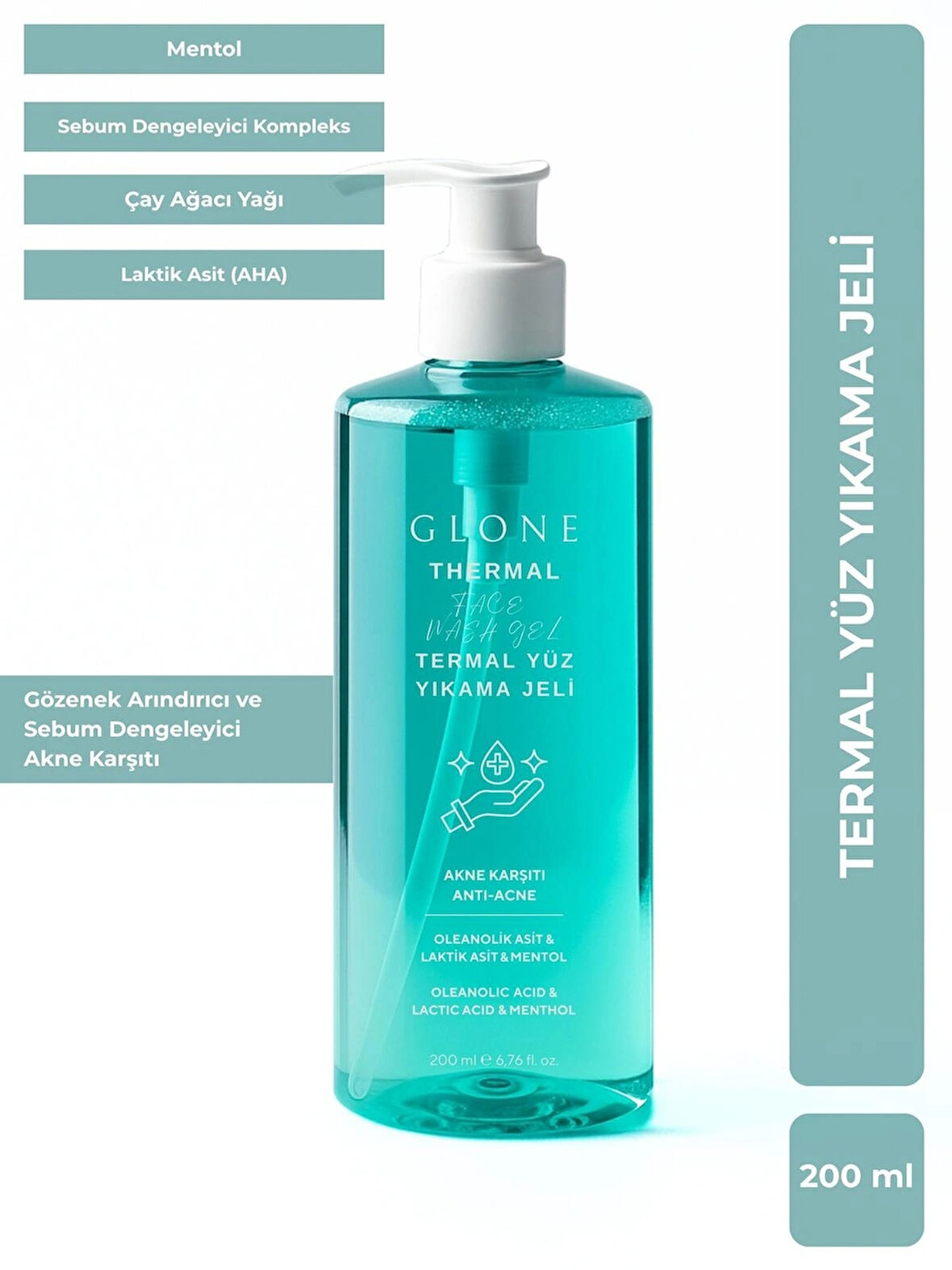 GLONE Termal Yüz Temizleme Jeli | 200ml | Sebum Dengeleyici ve Gözenek Arındırıcı | Çay Ağacı & Mentol Ferahlığı