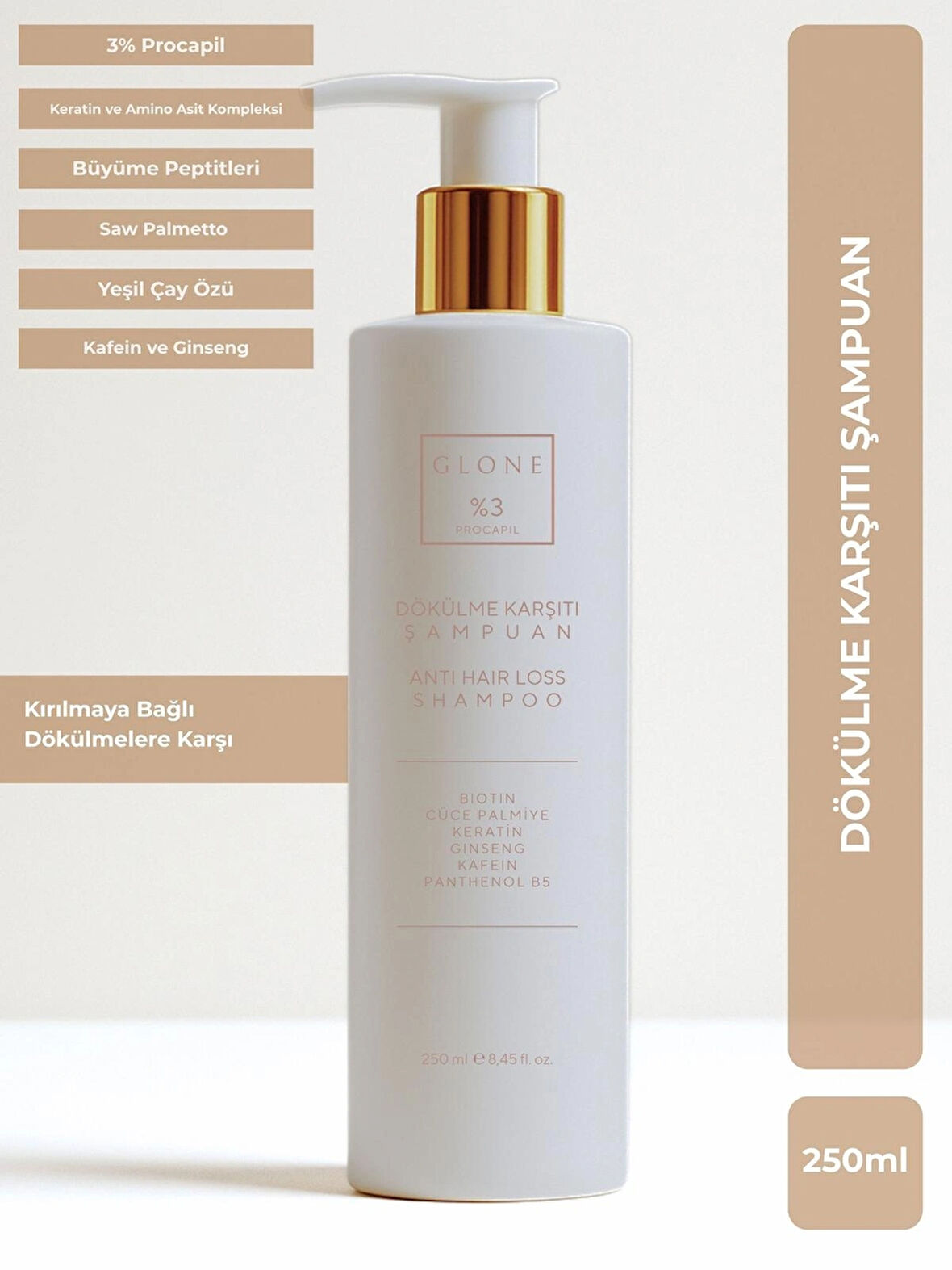 GLONE Dökülme Karşıtı Şampuan | 250ml | %3 Procapil & Keratin | Kırılma ve Koparak Dökülmelere Karşı Güçlendirici Bakım