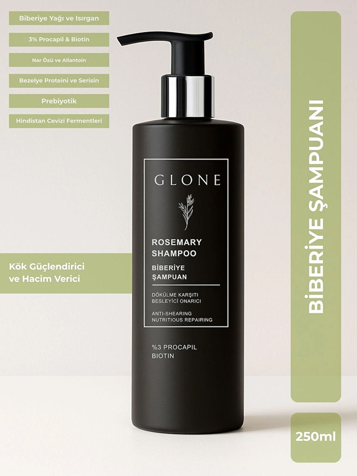 GLONE Biberiye Şampuanı | 250ml | %3 Procapil & Biotin | Saç Kökü Güçlendirici ve Hacim Veren, Sülfatsız