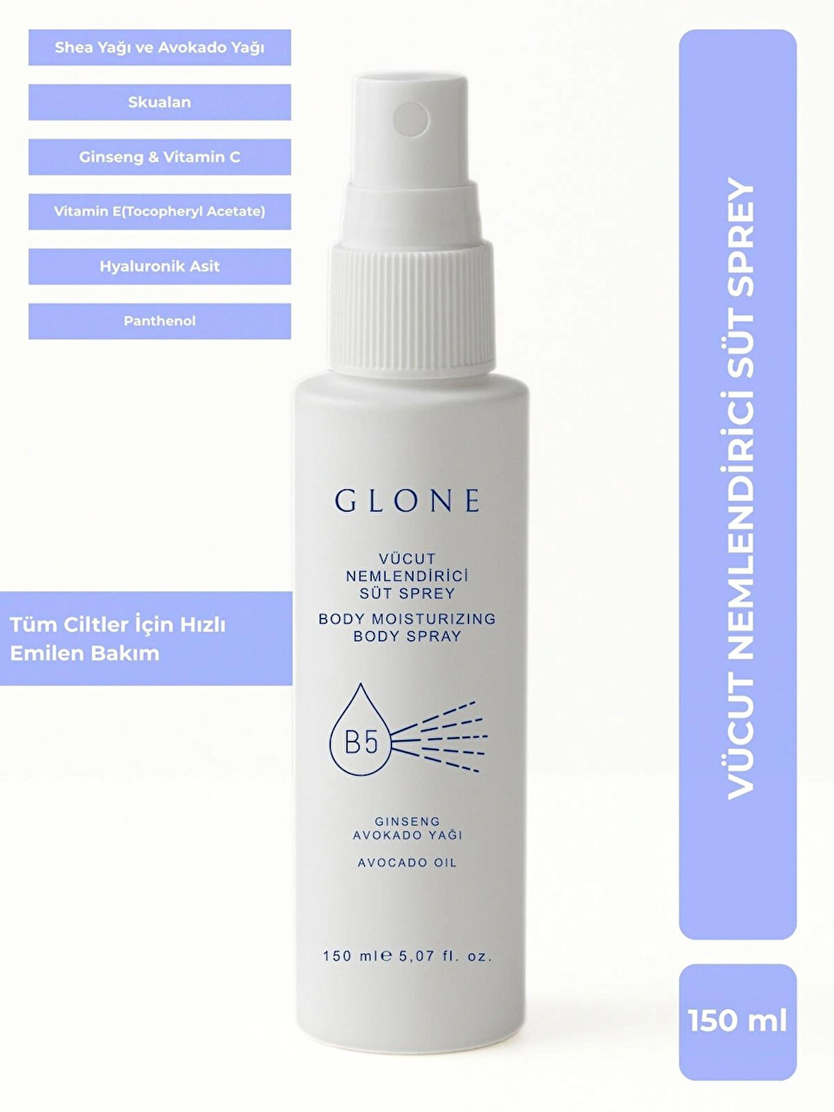 GLONE Vücut Nemlendirici Süt Sprey | 150ml | Hyaluronik Asit & Shea Yağı | 24 Saat Etkili Yoğun Nem, Hızlı Emilen Formül